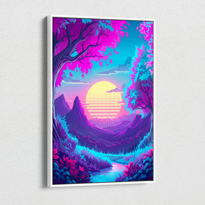 Neon Vaporwave Sunset Canvas - Vaporwave Landscape Neon Pink Living Room Synthwave Dreamy Neon Mood, Retro Futurism
