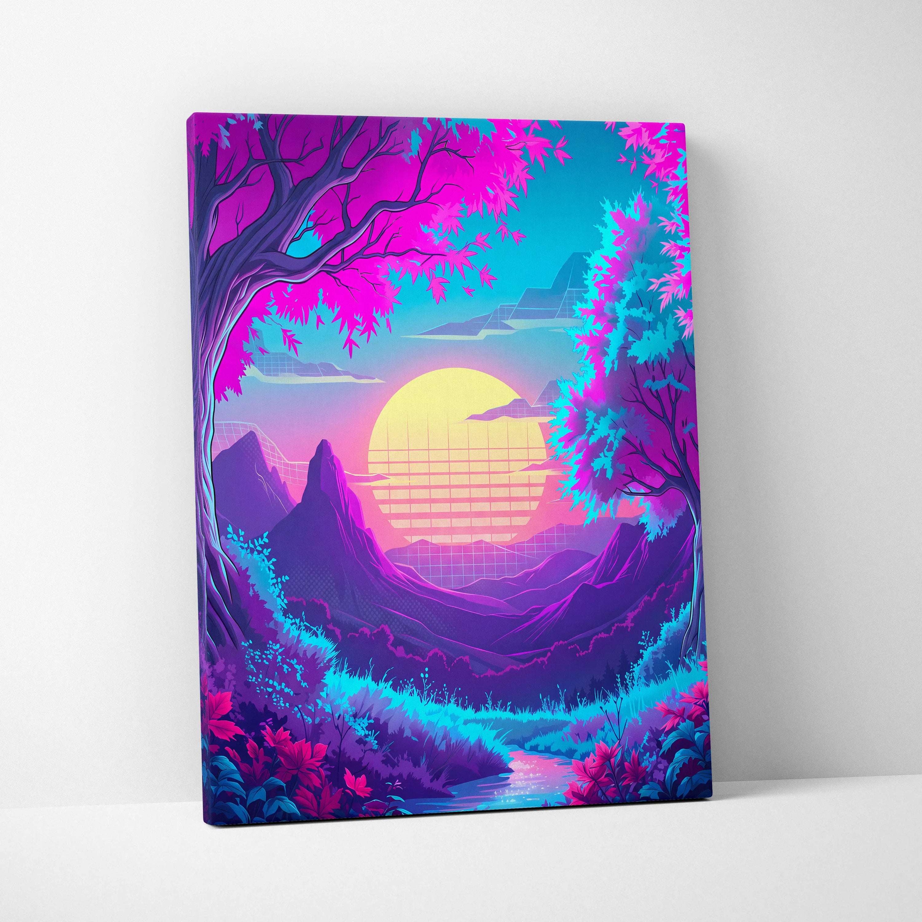 Neon Vaporwave Sunset Canvas - Vaporwave Landscape Neon Pink Living Room Synthwave Dreamy Neon Mood, Retro Futurism