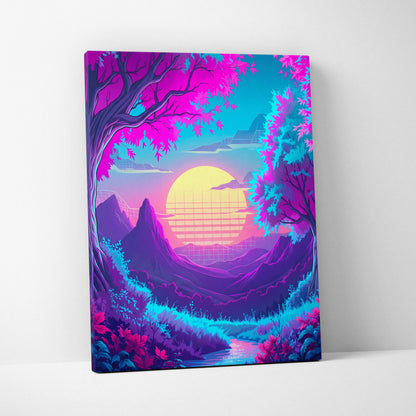 Neon Vaporwave Sunset Canvas - Vaporwave Landscape Neon Pink Living Room Synthwave Dreamy Neon Mood, Retro Futurism