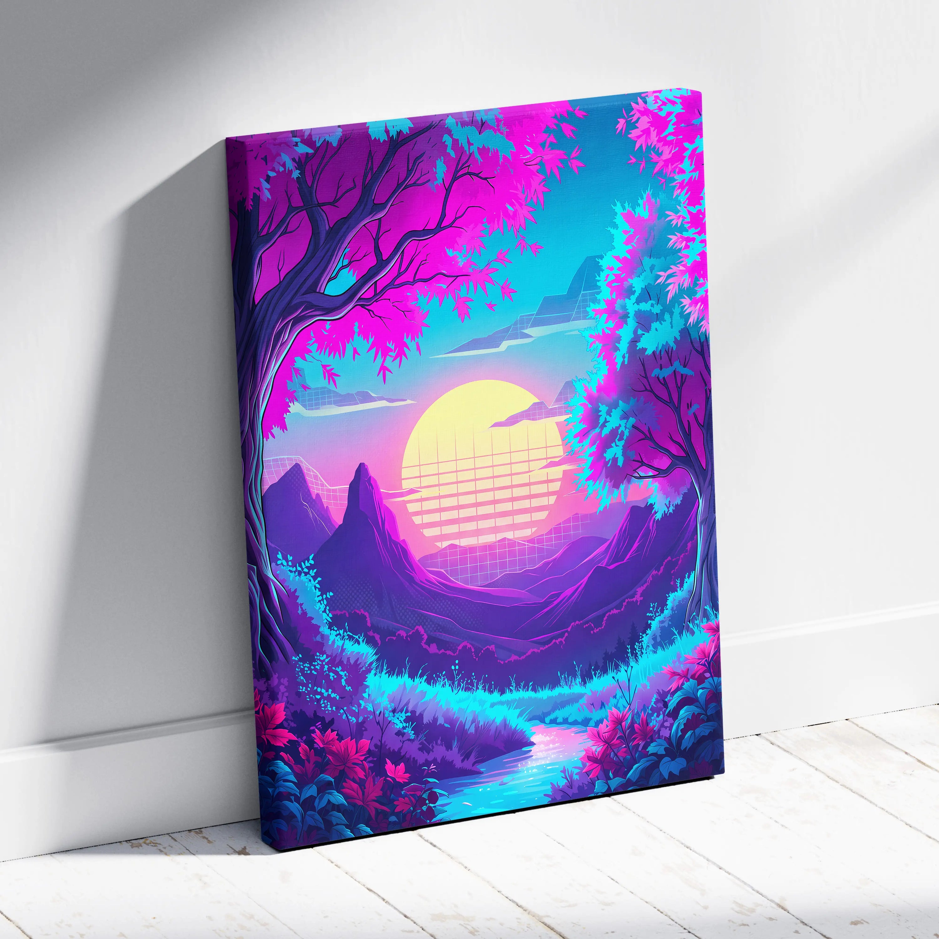 Neon Vaporwave Sunset Canvas - Vaporwave Landscape Neon Pink Living Room Synthwave Dreamy Neon Mood, Retro Futurism