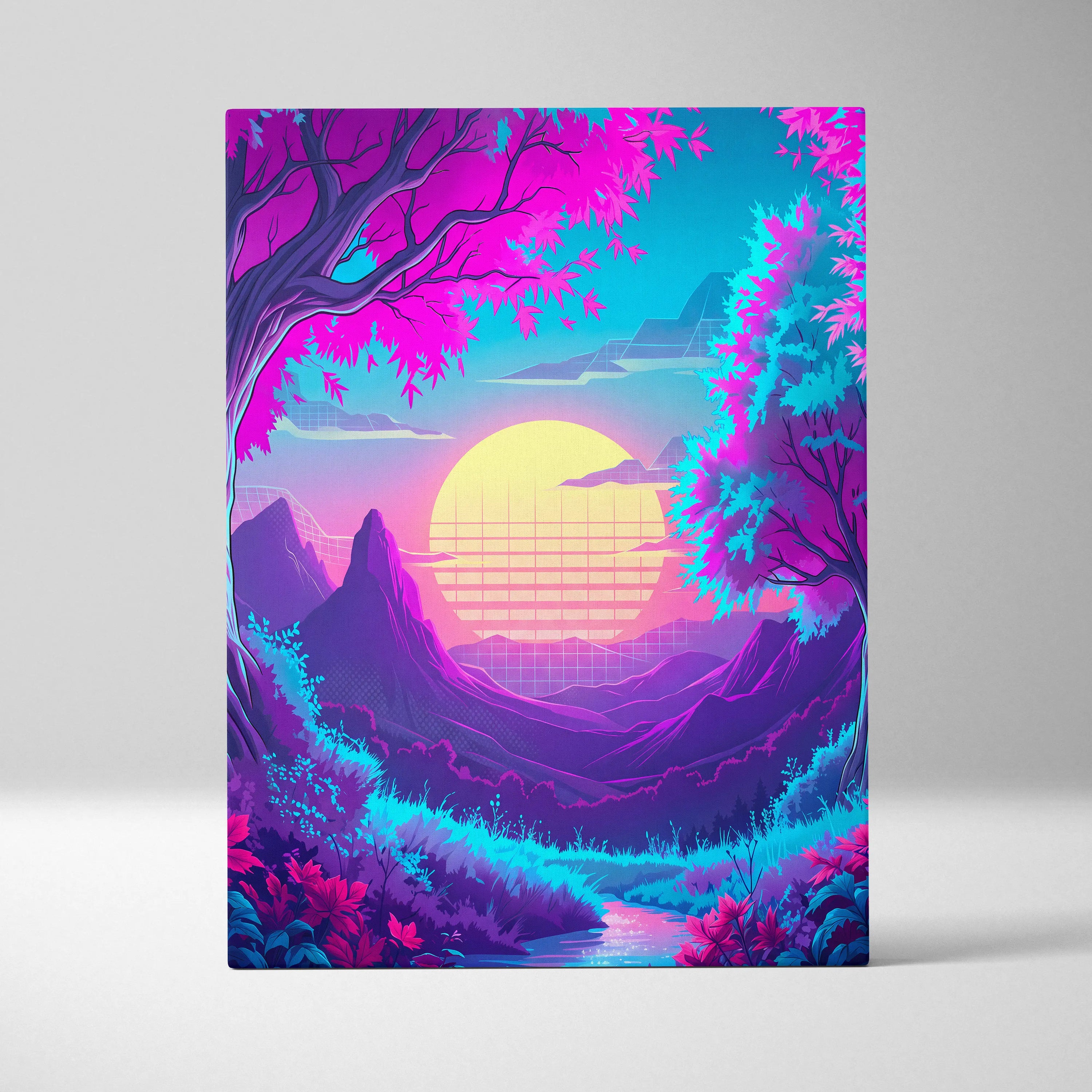 Neon Vaporwave Sunset Canvas - Vaporwave Landscape Neon Pink Living Room Synthwave Dreamy Neon Mood, Retro Futurism