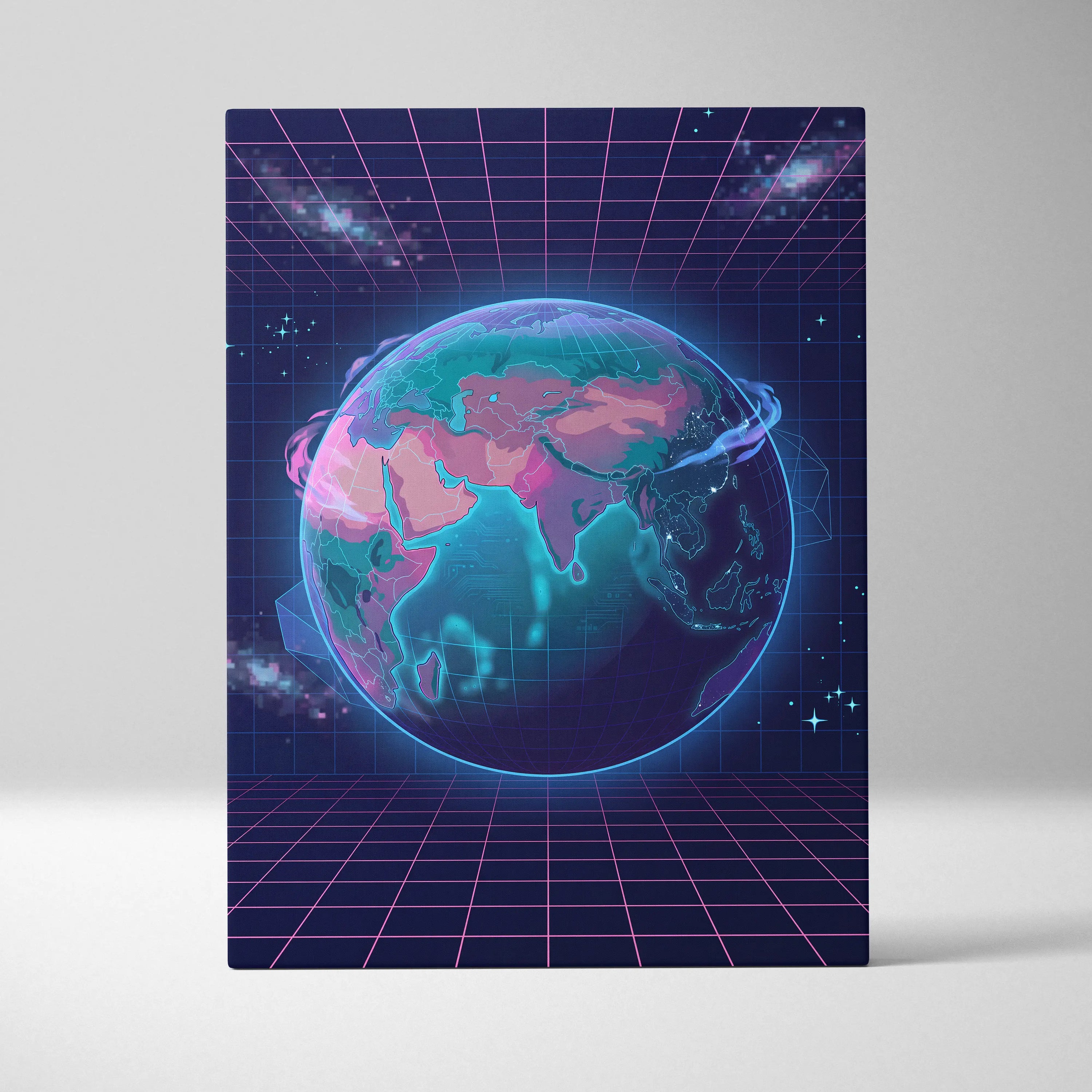 Neon Globe Vaporwave Canvas - Globe Pink Blue Wall Art Vaporwave, Dreamy Mood, Cyberpunk Neon Decor, Canvas Print