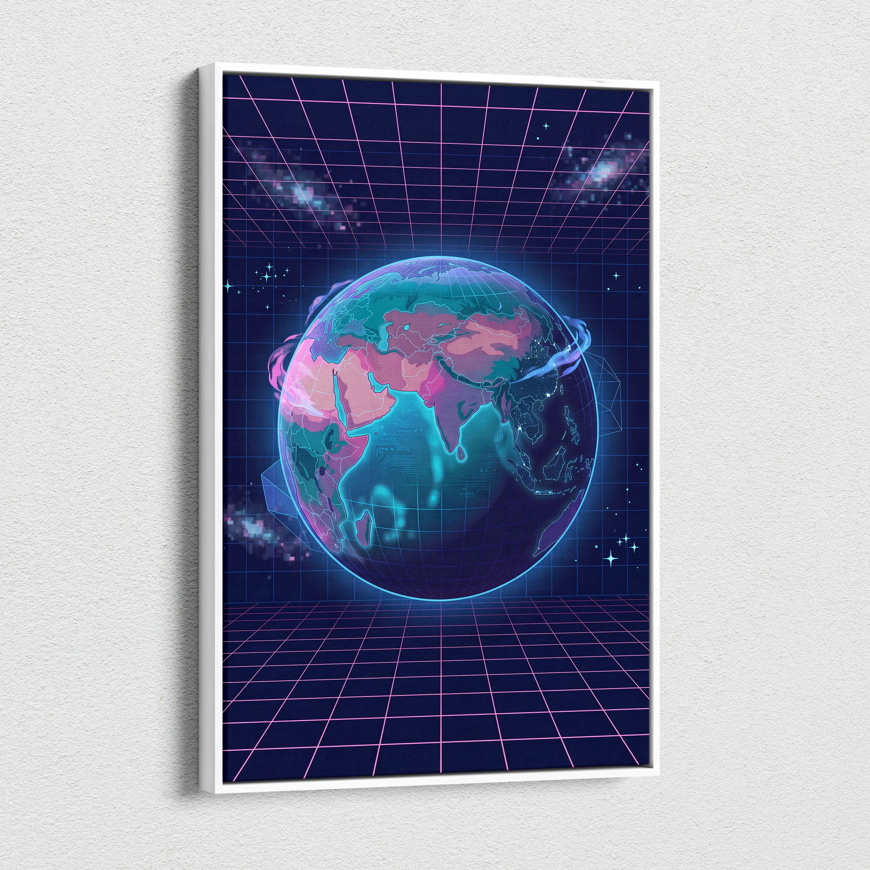Neon Globe Vaporwave Canvas - Globe Pink Blue Wall Art Vaporwave, Dreamy Mood, Cyberpunk Neon Decor, Canvas Print