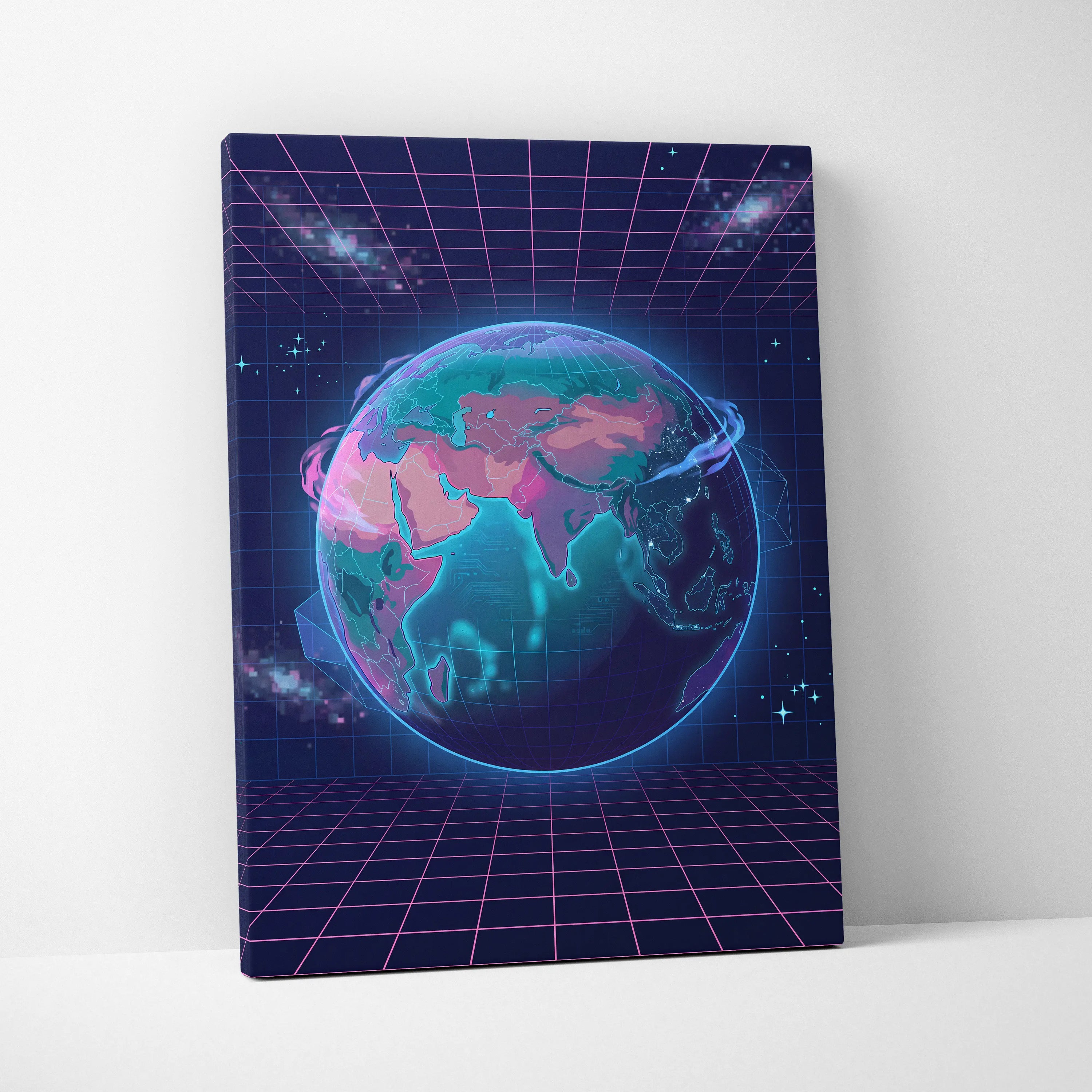 Neon Globe Vaporwave Canvas - Globe Pink Blue Wall Art Vaporwave, Dreamy Mood, Cyberpunk Neon Decor, Canvas Print