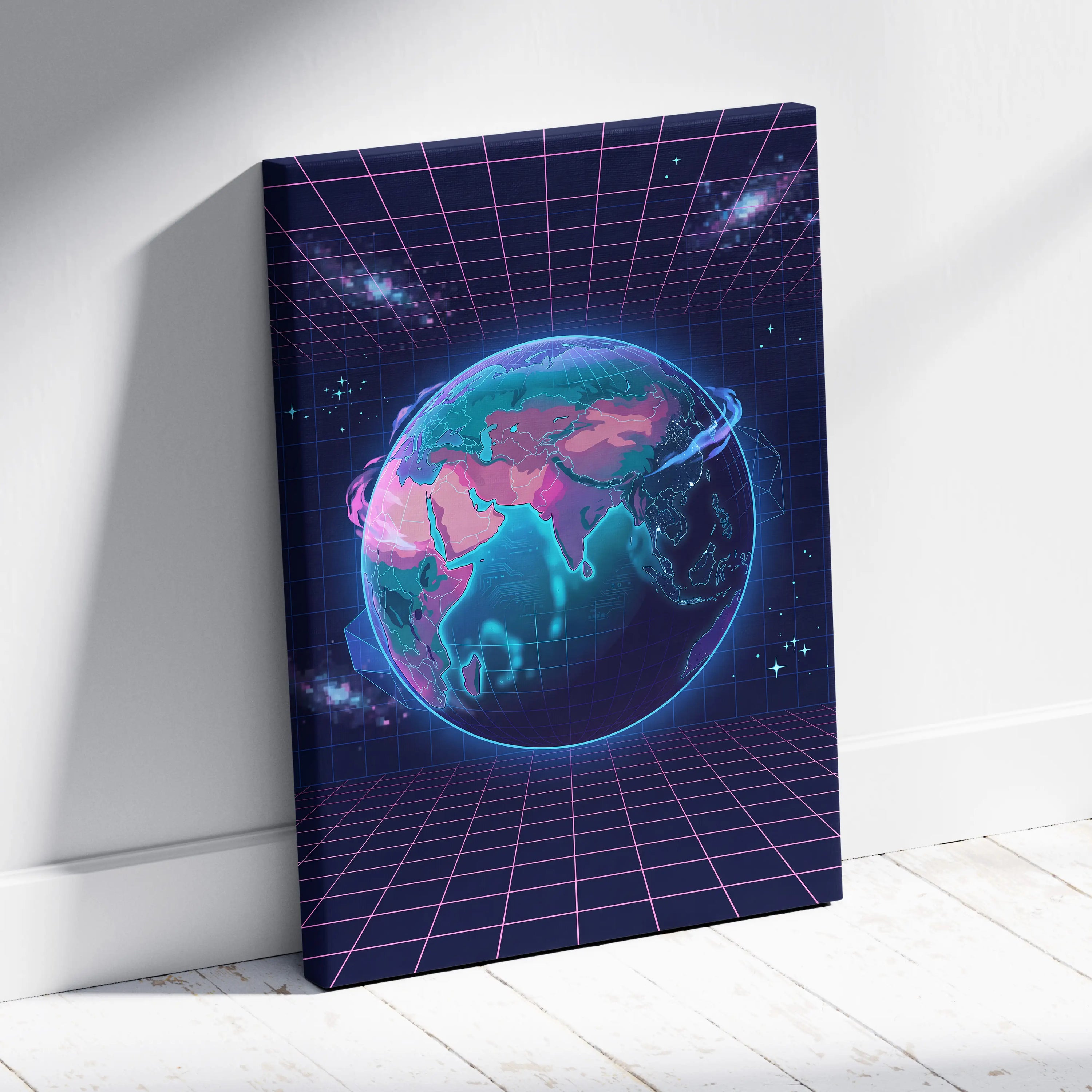 Neon Globe Vaporwave Canvas - Globe Pink Blue Wall Art Vaporwave, Dreamy Mood, Cyberpunk Neon Decor, Canvas Print