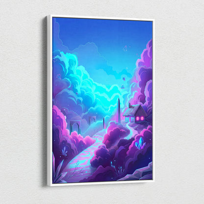 Vaporwave Neon Dream Canvas - Neon Cityscape Surreal Landscape Blues Living Room Vaporwave Dreamy Mood