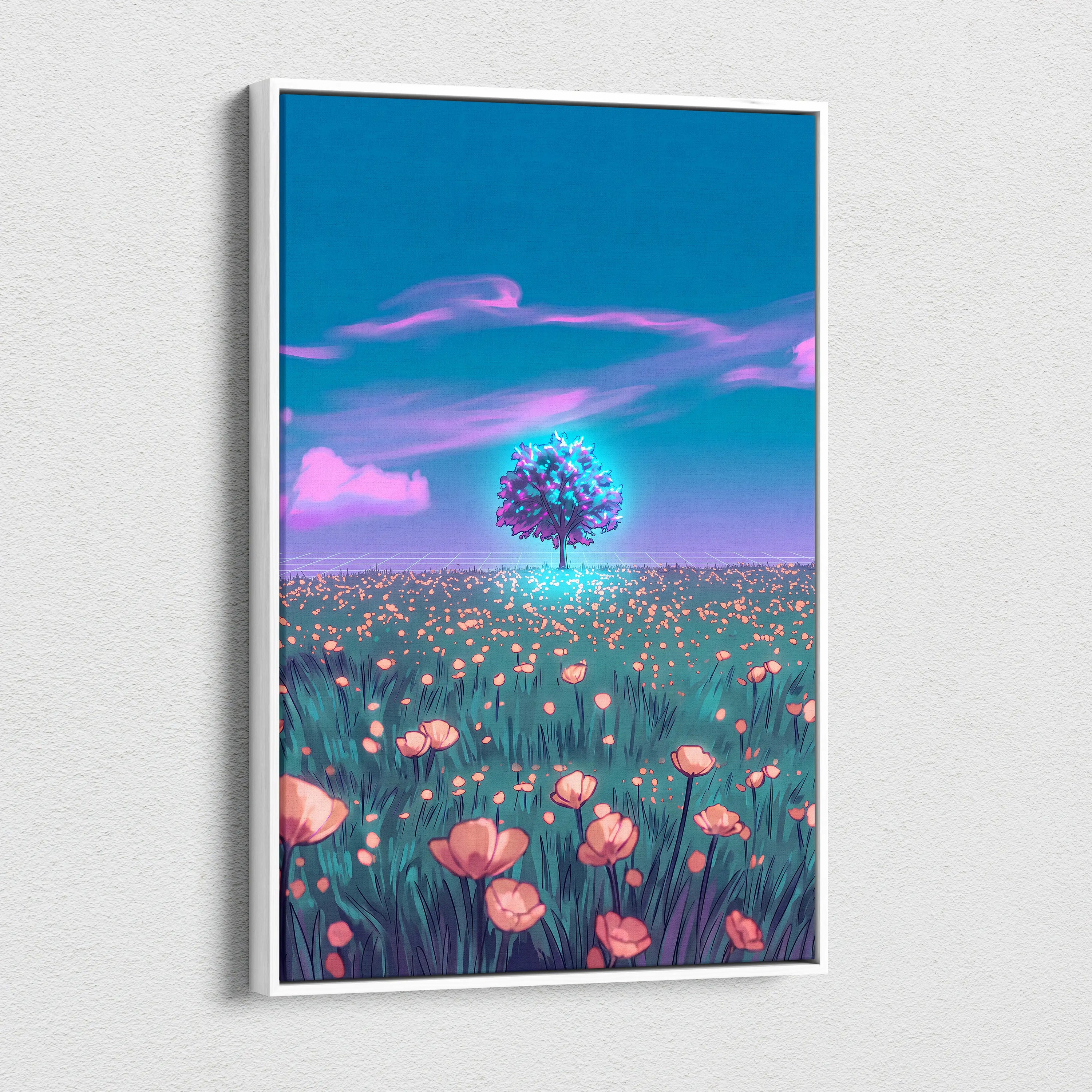 Neon Vapor Dream Canvas - Vaporwave Landscape Neon Sunset Neon Pink Cyan Bedroom Decor Retro Futurism Dreamy Surreal Mood Neon Cityscape Modern Minimalist Decor Wall Art Canvas Museum Quality