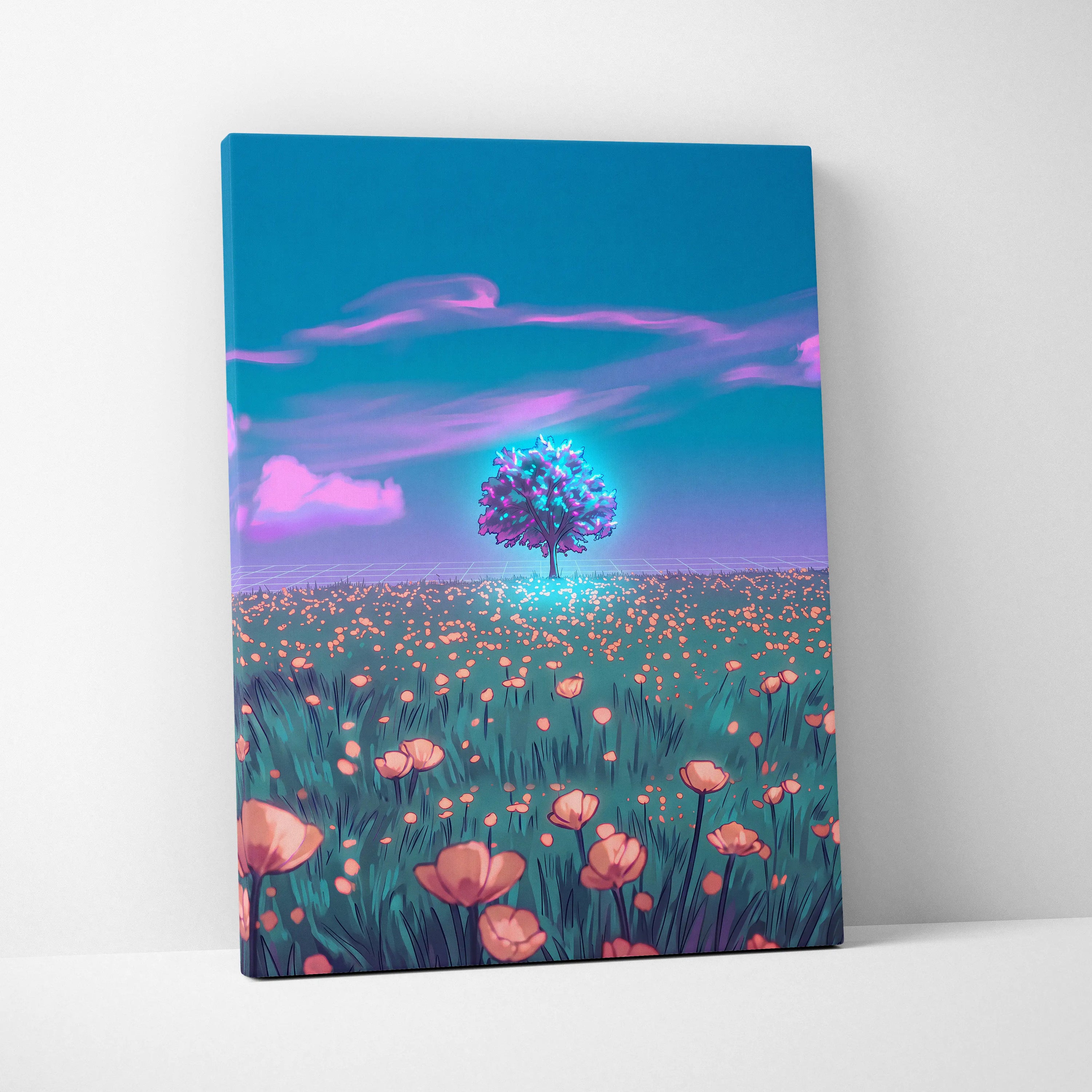 Neon Vapor Dream Canvas - Vaporwave Landscape Neon Sunset Neon Pink Cyan Bedroom Decor Retro Futurism Dreamy Surreal Mood Neon Cityscape Modern Minimalist Decor Wall Art Canvas Museum Quality