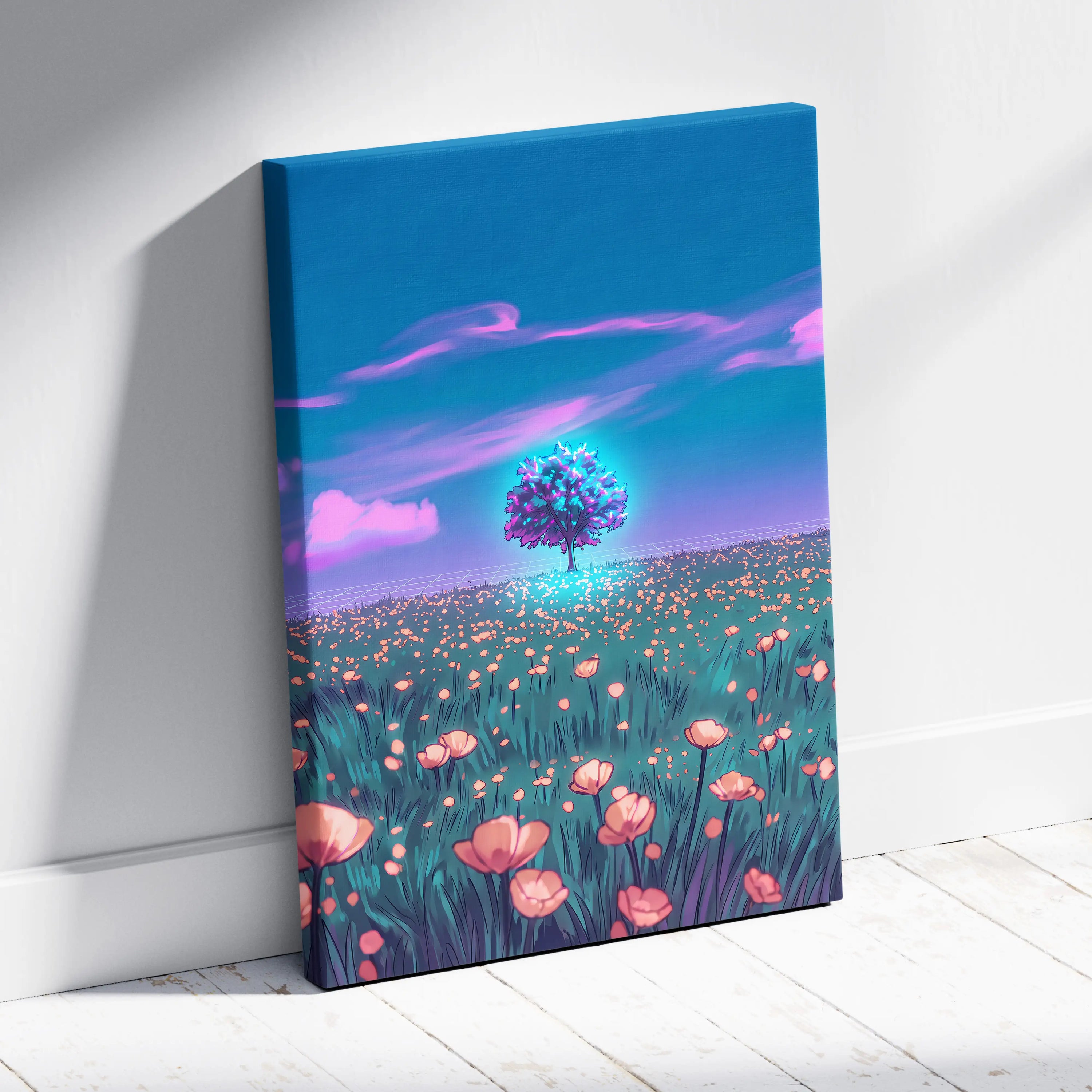Neon Vapor Dream Canvas - Vaporwave Landscape Neon Sunset Neon Pink Cyan Bedroom Decor Retro Futurism Dreamy Surreal Mood Neon Cityscape Modern Minimalist Decor Wall Art Canvas Museum Quality