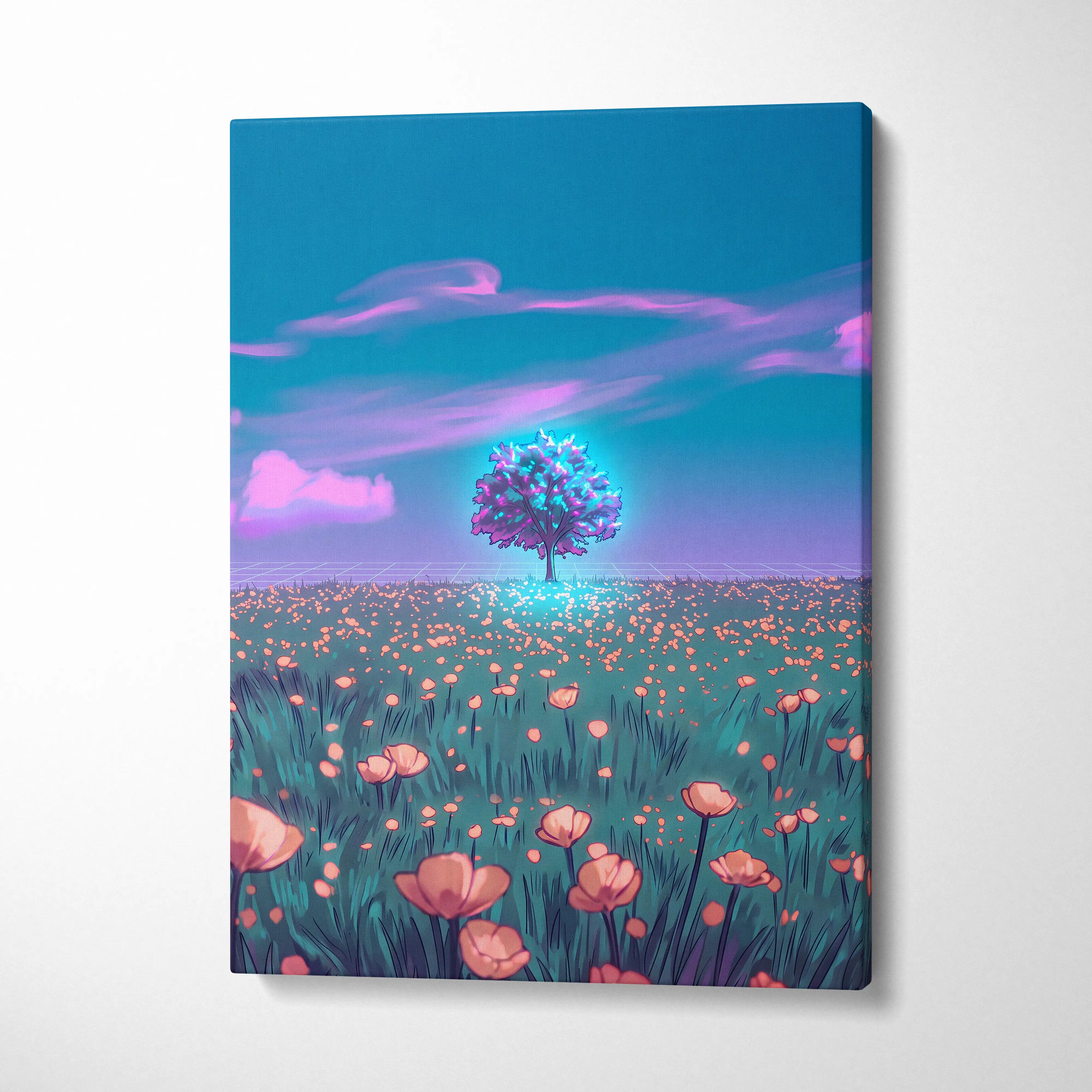 Neon Vapor Dream Canvas - Vaporwave Landscape Neon Sunset Neon Pink Cyan Bedroom Decor Retro Futurism Dreamy Surreal Mood Neon Cityscape Modern Minimalist Decor Wall Art Canvas Museum Quality