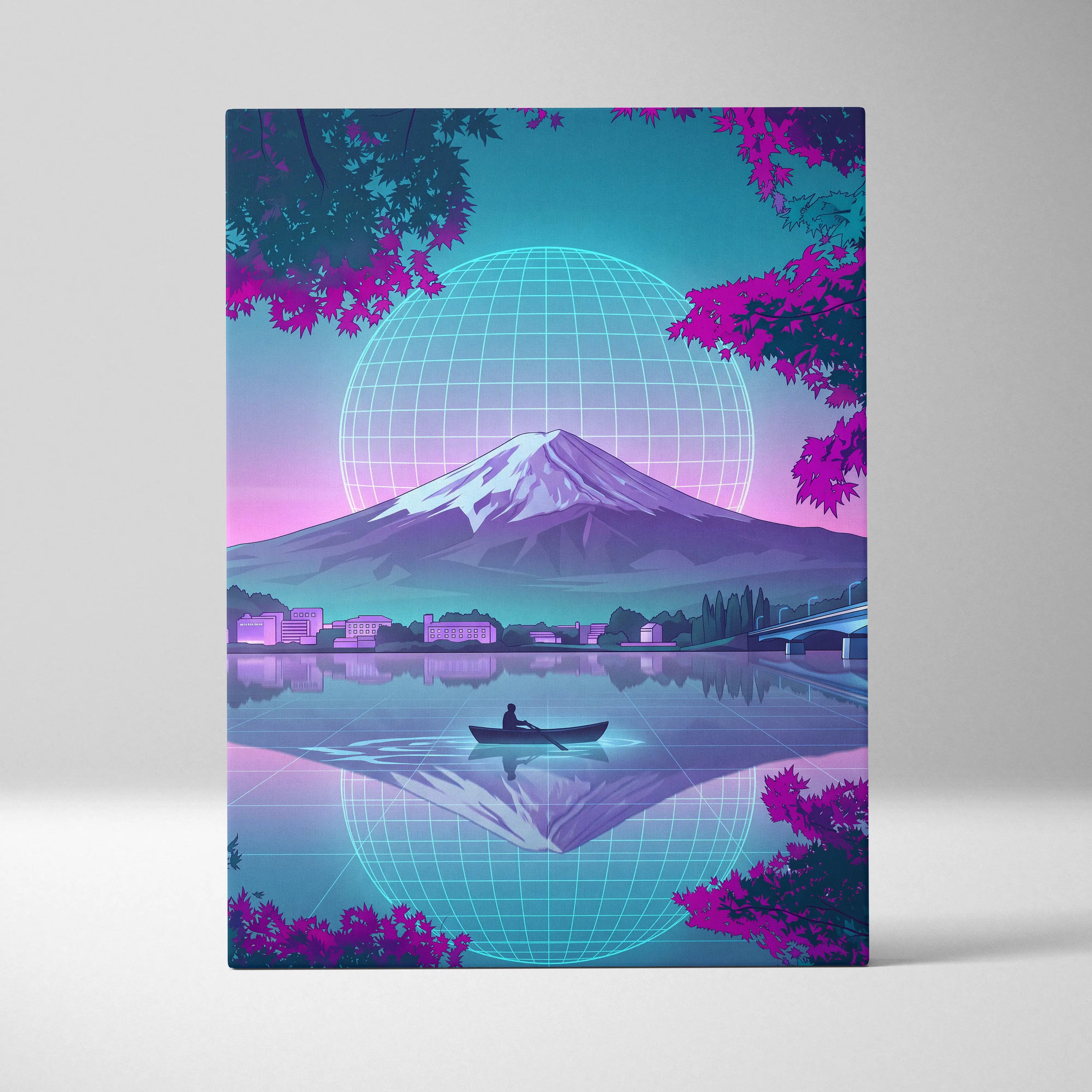 Neon Vaporwave Globe Canvas - Globe Landscape Neon Blues Living Room Retrofuturism Dreamy Vaporwave Mood Wall Art Canvas