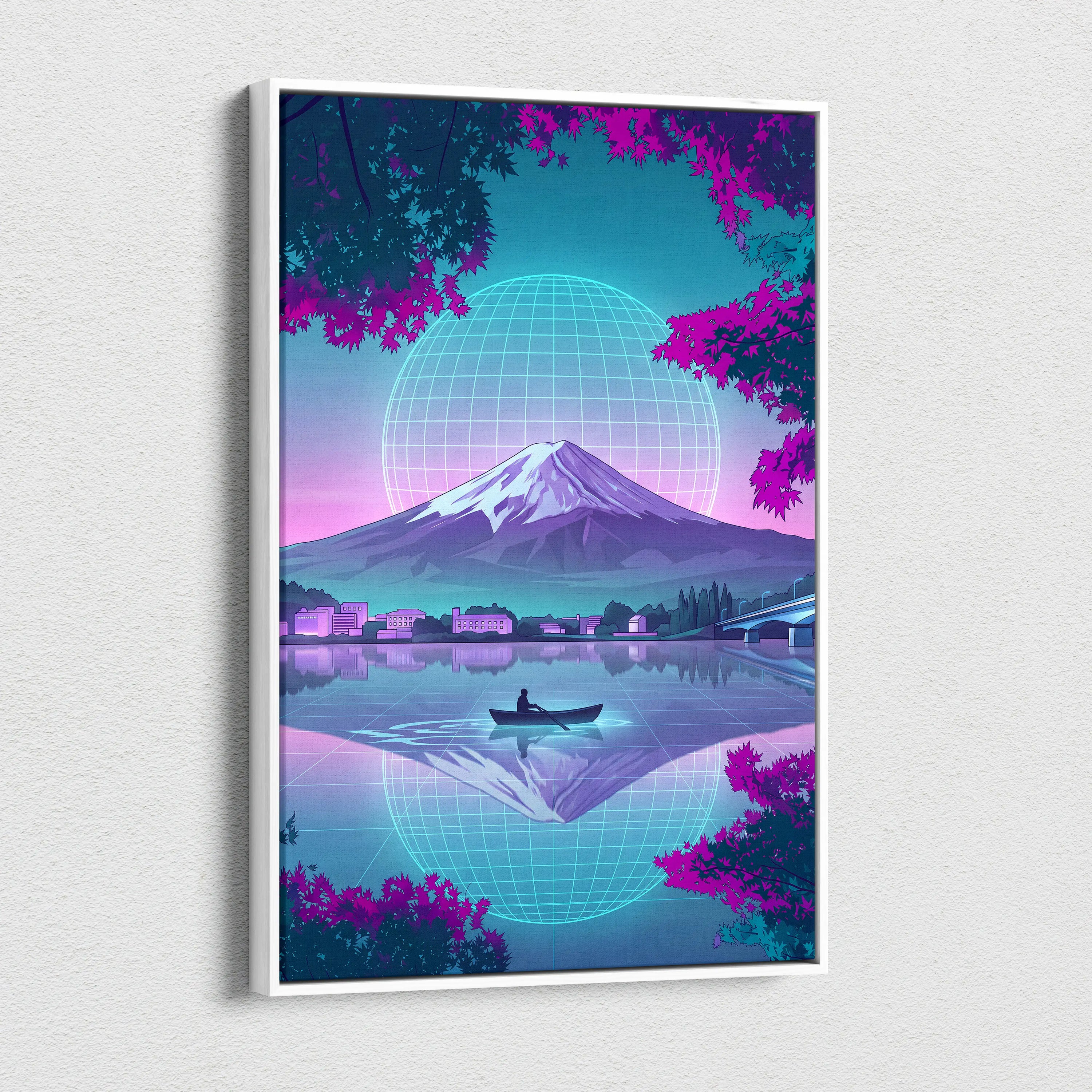 Neon Vaporwave Globe Canvas - Globe Landscape Neon Blues Living Room Retrofuturism Dreamy Vaporwave Mood Wall Art Canvas