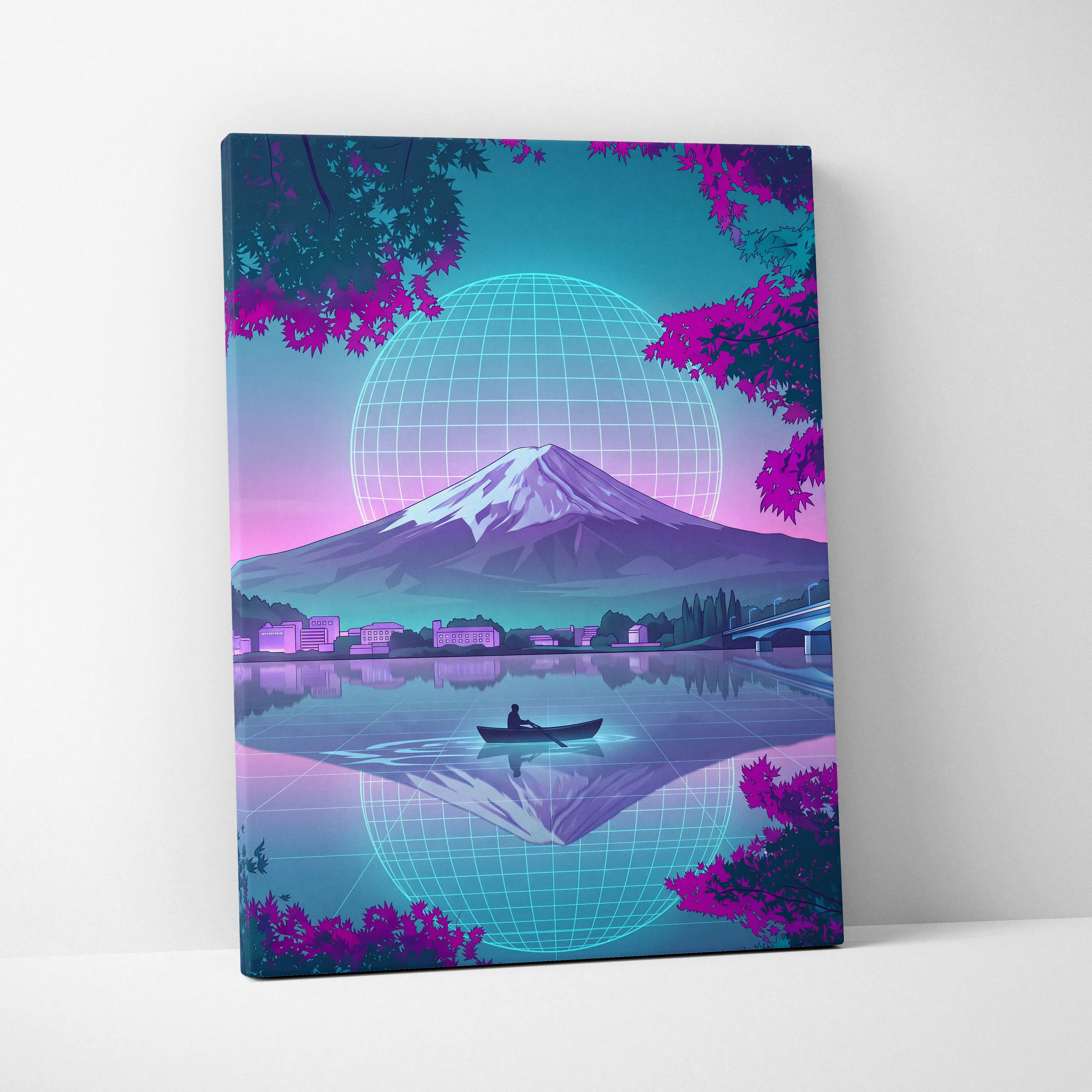 Neon Vaporwave Globe Canvas - Globe Landscape Neon Blues Living Room Retrofuturism Dreamy Vaporwave Mood Wall Art Canvas