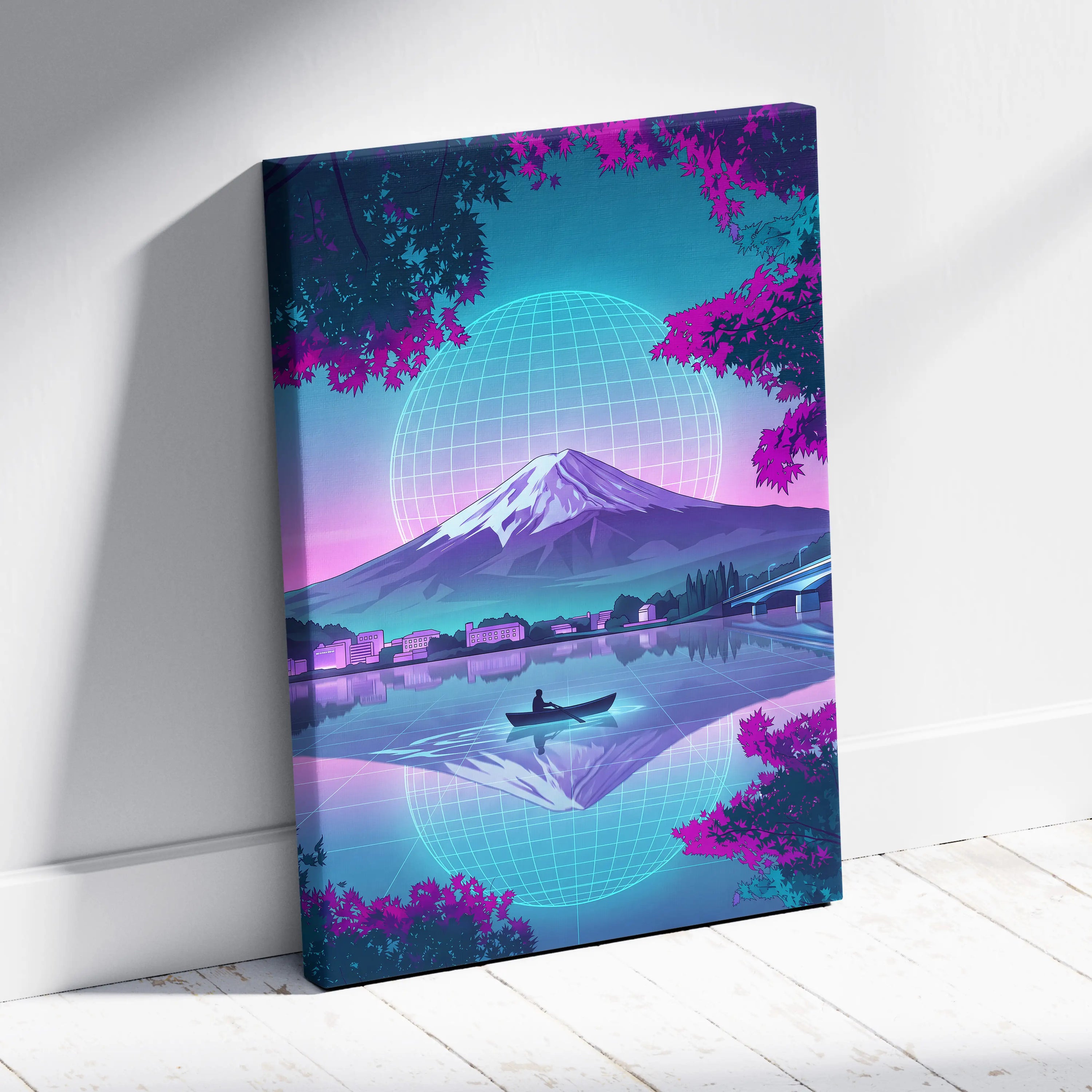 Neon Vaporwave Globe Canvas - Globe Landscape Neon Blues Living Room Retrofuturism Dreamy Vaporwave Mood Wall Art Canvas