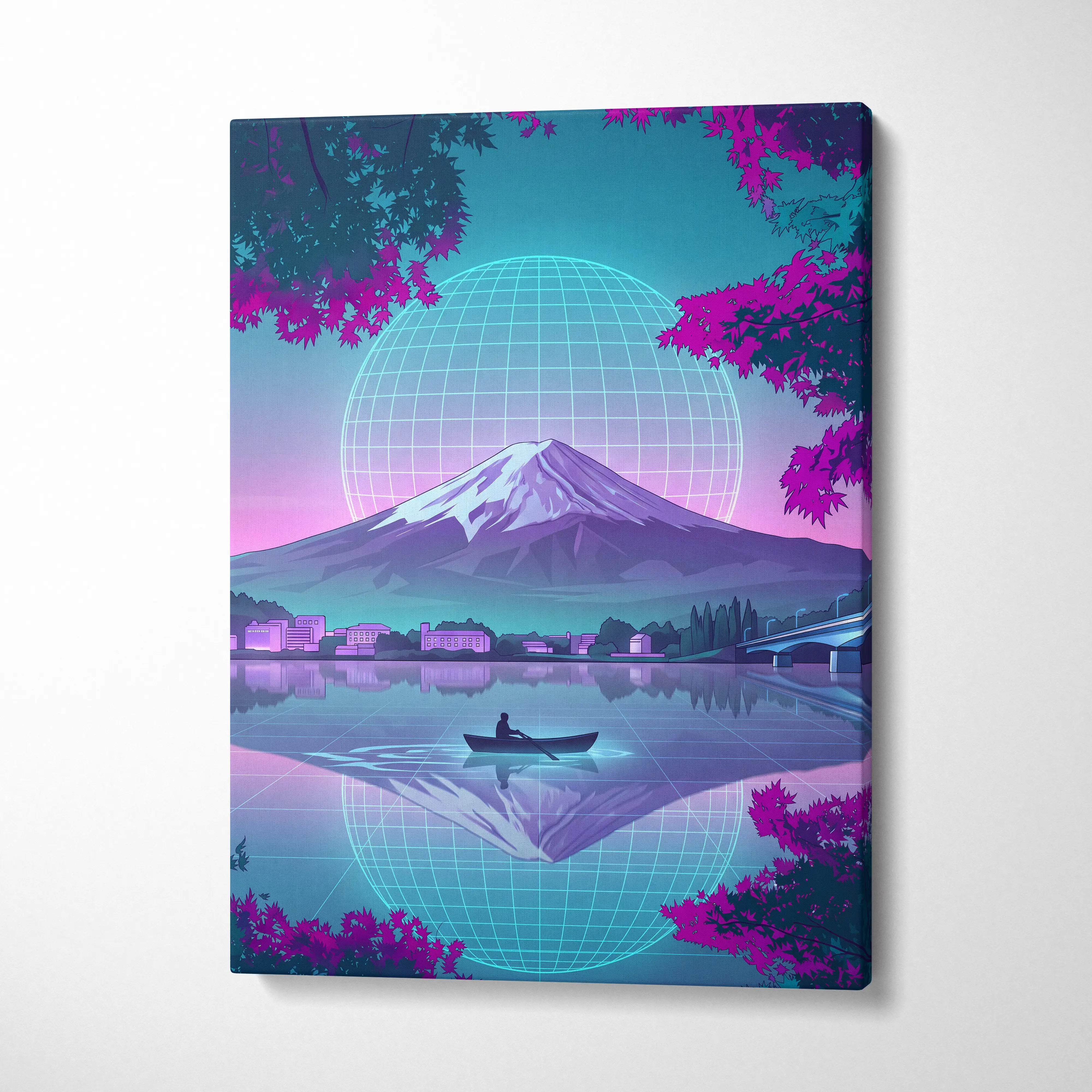 Neon Vaporwave Globe Canvas - Globe Landscape Neon Blues Living Room Retrofuturism Dreamy Vaporwave Mood Wall Art Canvas