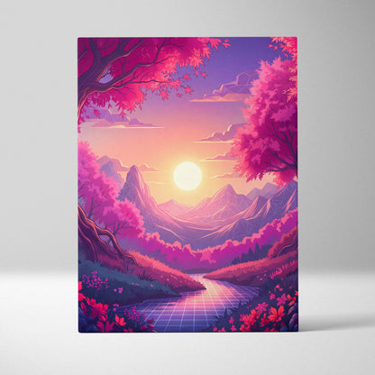 Neon Vaporwave Sunset Landscape - Neon Vaporwave Landscape Pink Purple Living Room Retrofuturism Dreamy Retro Art Canvas