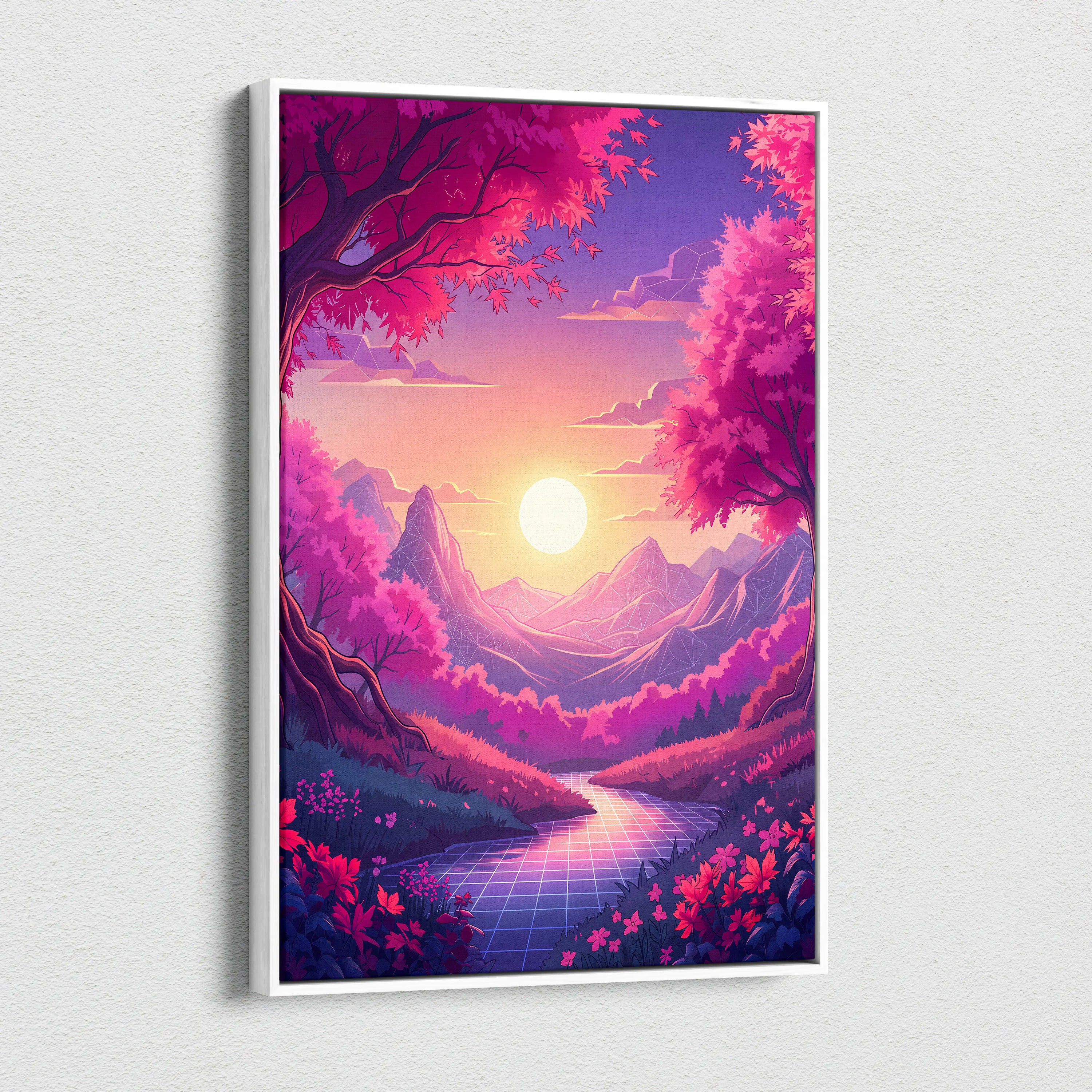 Neon Vaporwave Sunset Landscape - Neon Vaporwave Landscape Pink Purple Living Room Retrofuturism Dreamy Retro Art Canvas