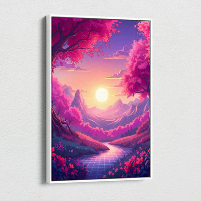 Neon Vaporwave Sunset Landscape - Neon Vaporwave Landscape Pink Purple Living Room Retrofuturism Dreamy Retro Art Canvas