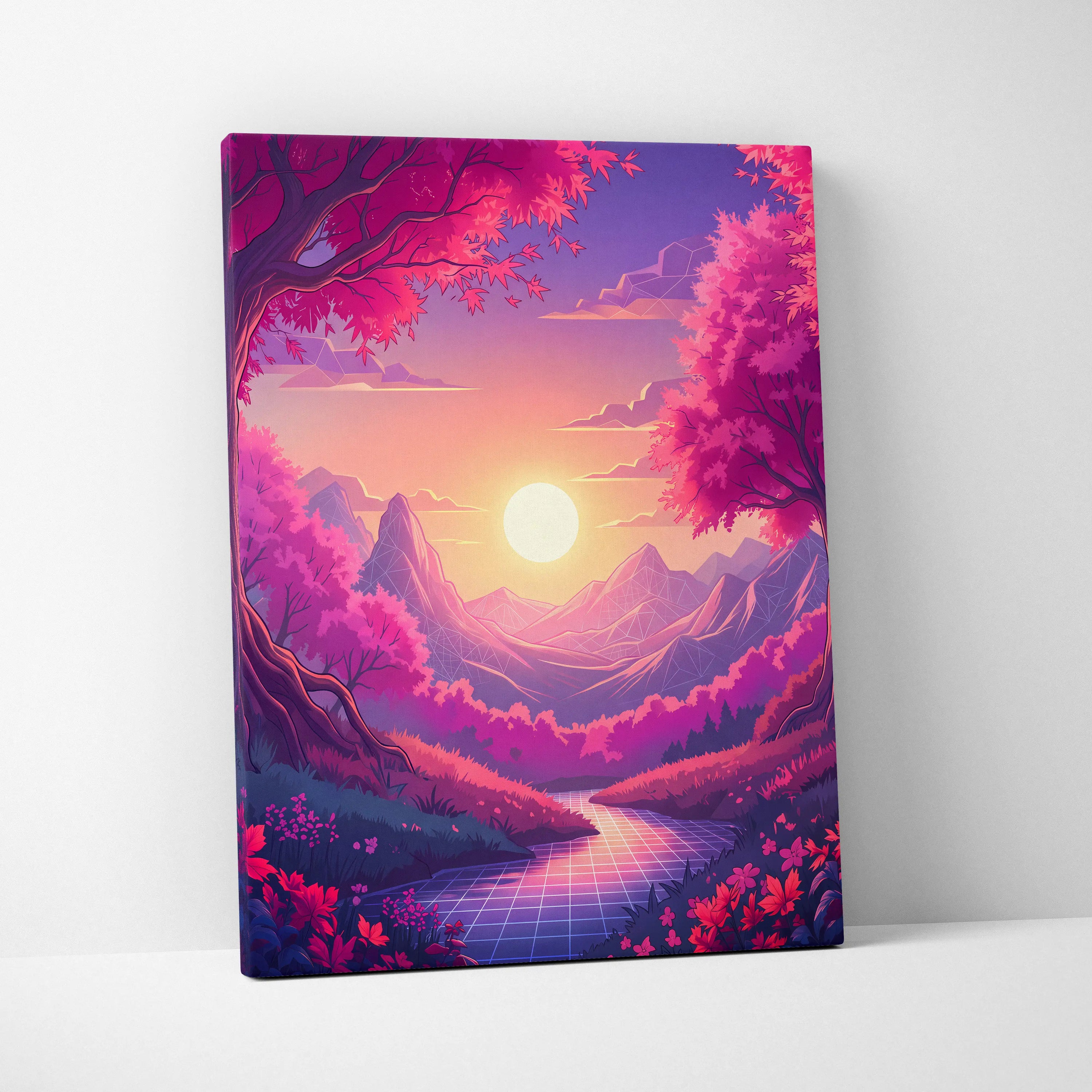 Neon Vaporwave Sunset Landscape - Neon Vaporwave Landscape Pink Purple Living Room Retrofuturism Dreamy Retro Art Canvas