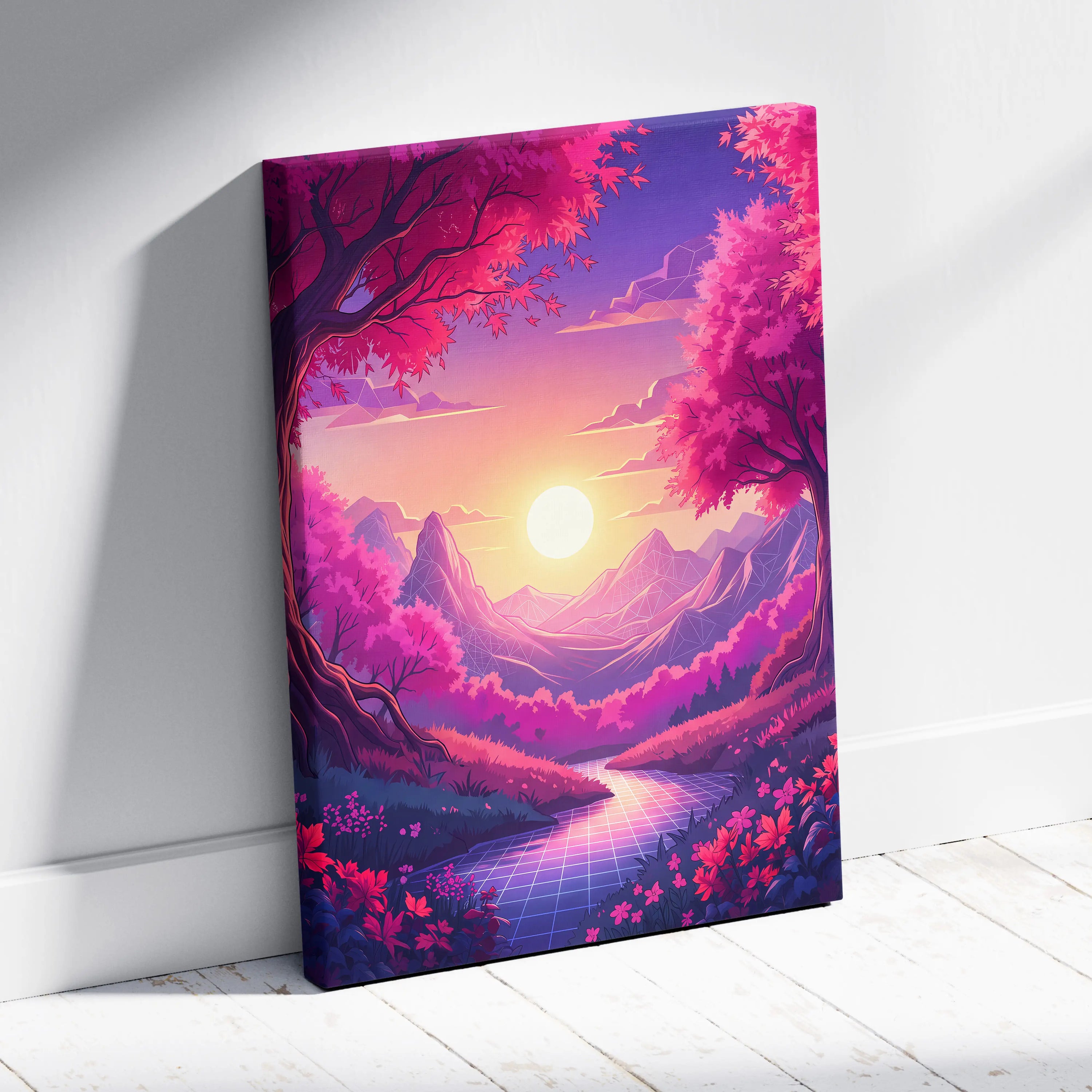 Neon Vaporwave Sunset Landscape - Neon Vaporwave Landscape Pink Purple Living Room Retrofuturism Dreamy Retro Art Canvas