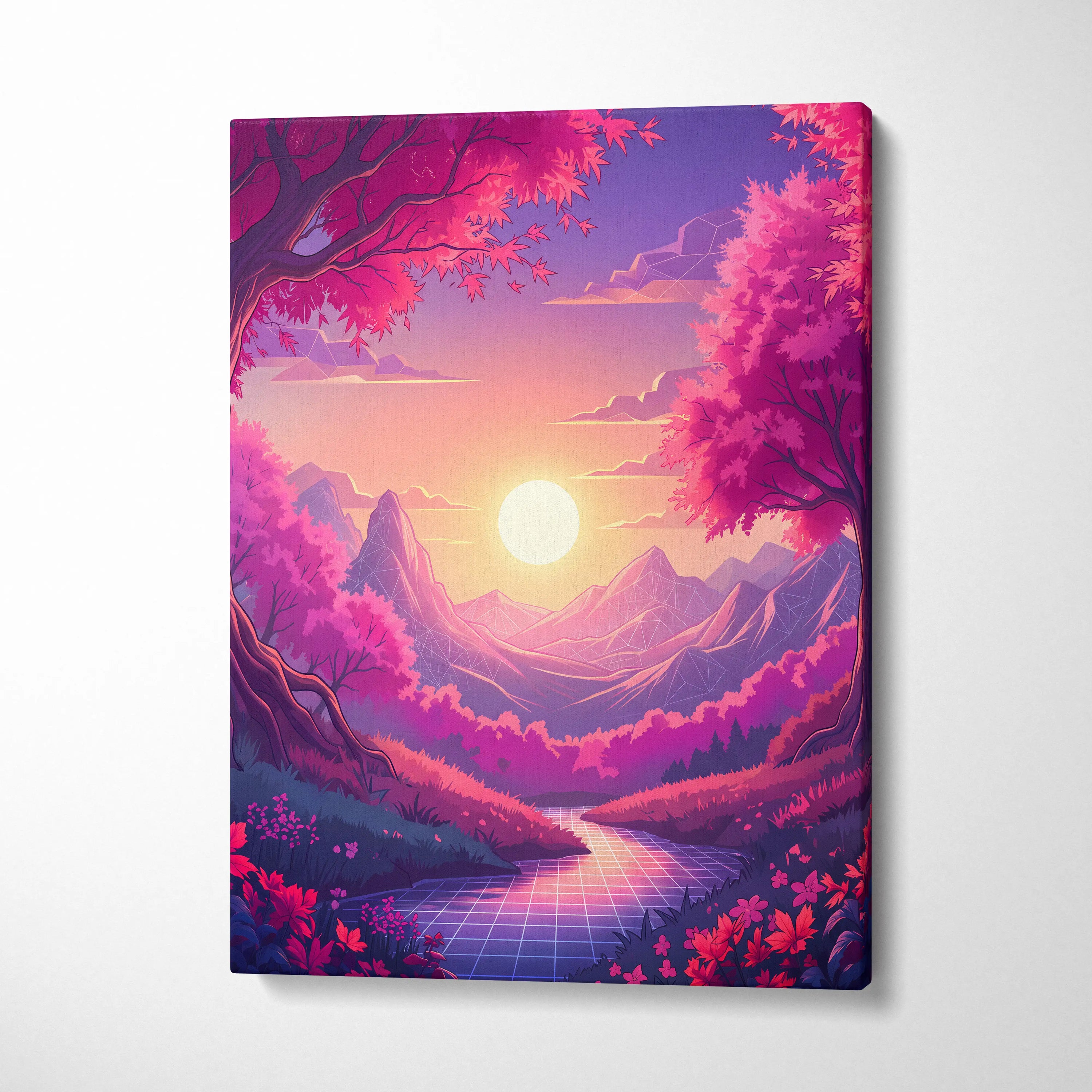 Neon Vaporwave Sunset Landscape - Neon Vaporwave Landscape Pink Purple Living Room Retrofuturism Dreamy Retro Art Canvas