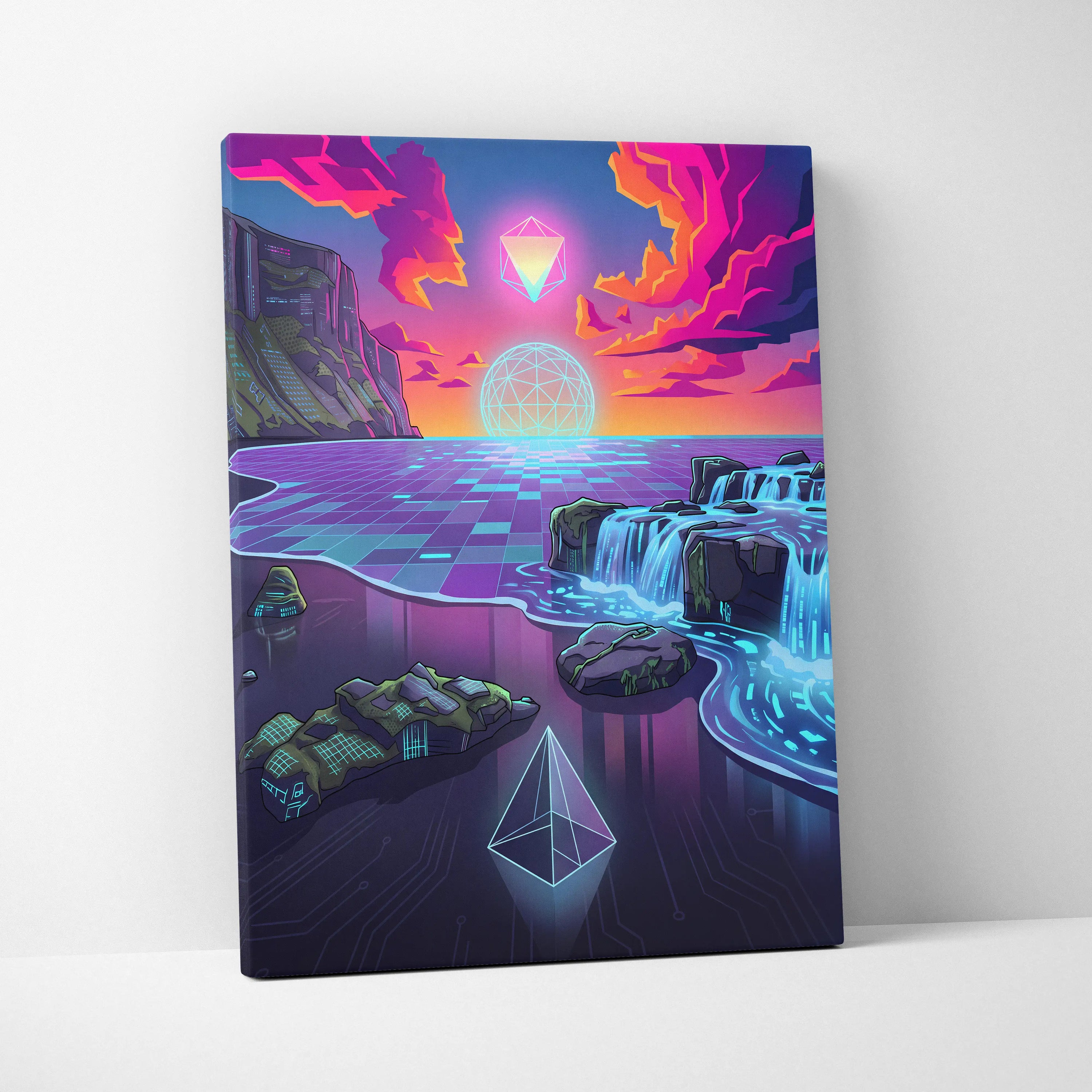 Neon Vaporwave Canvas Dreamscape - Vaporwave Canvas Neon Pink Purple Living Room Retro Futurism Dreamy Vaporwave Decor Canvas