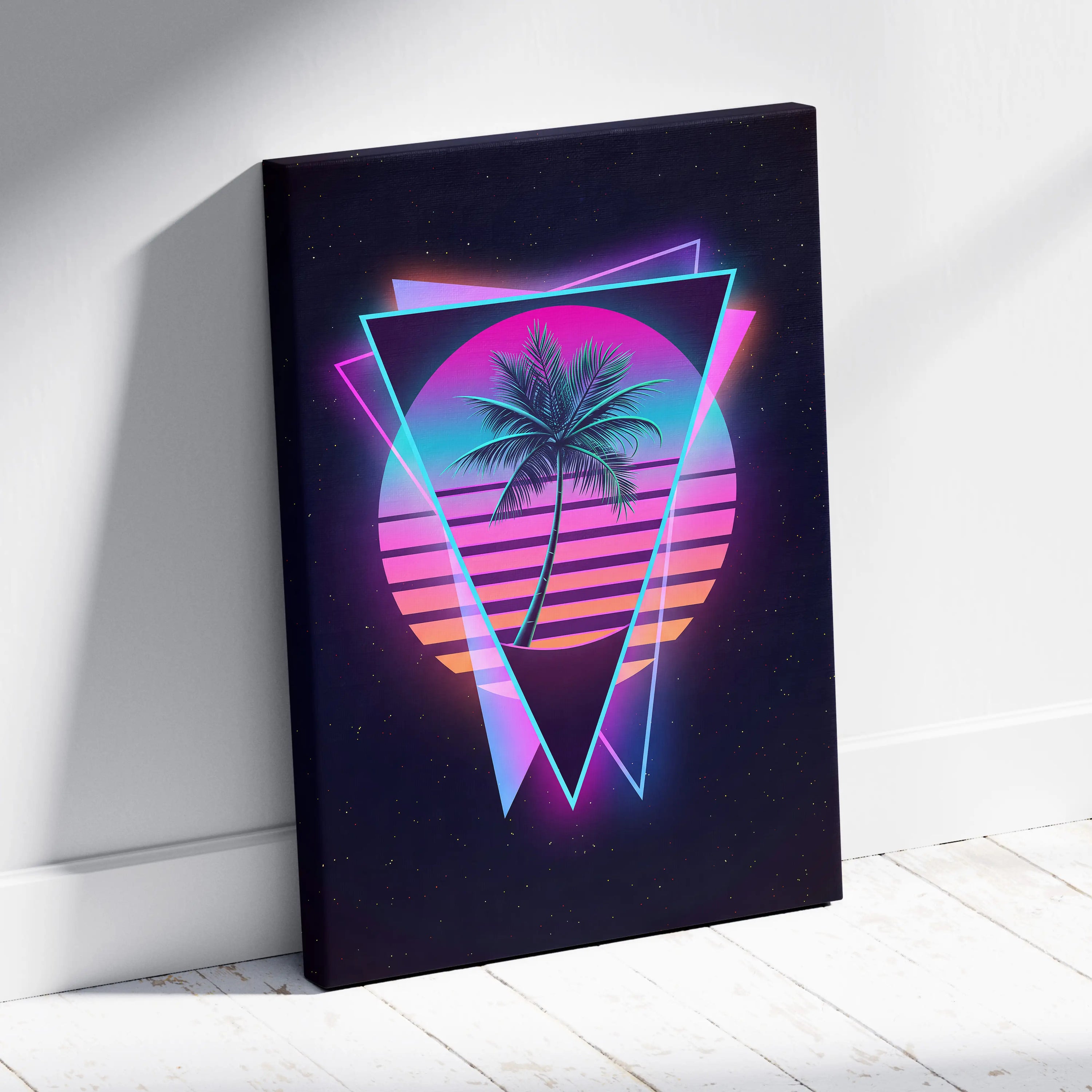Neon Palm Sunset Canvas - Palm Pink Purple Cyan Living Room Vaporwave Dreamy Mood Retro Futurism Wall Art Canvas