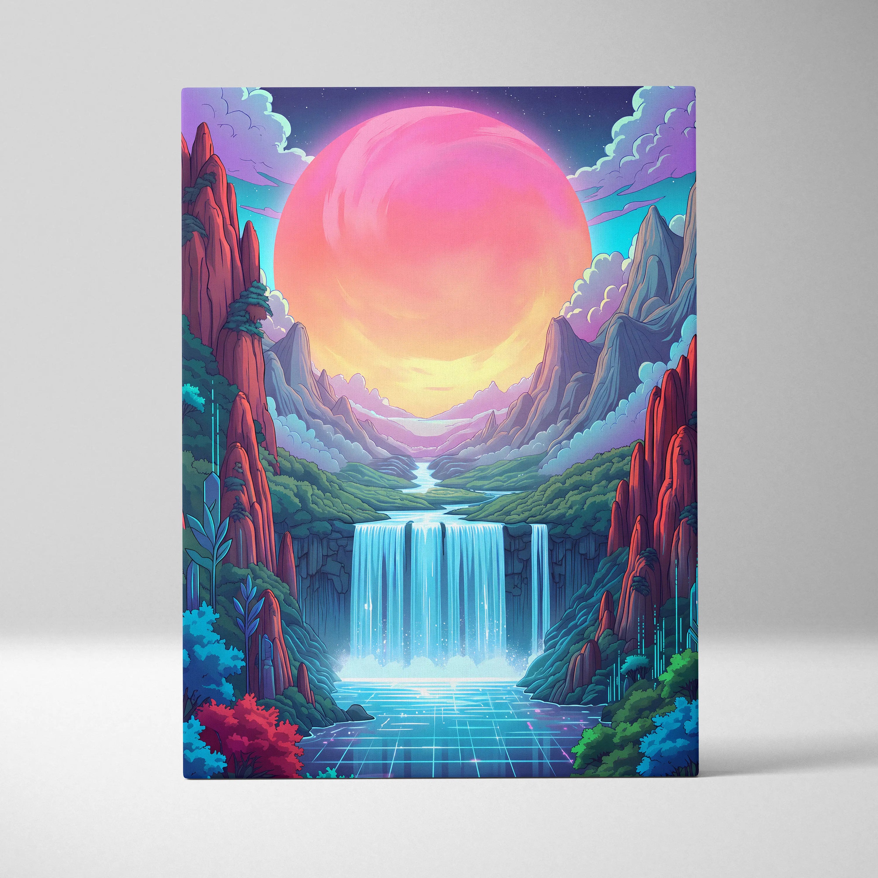 Vaporwave Neon Sunset Dreamscape - Vaporwave Canvas Art Neon Pink Purple Living Room Decor Retro Futurist Mood Canvas