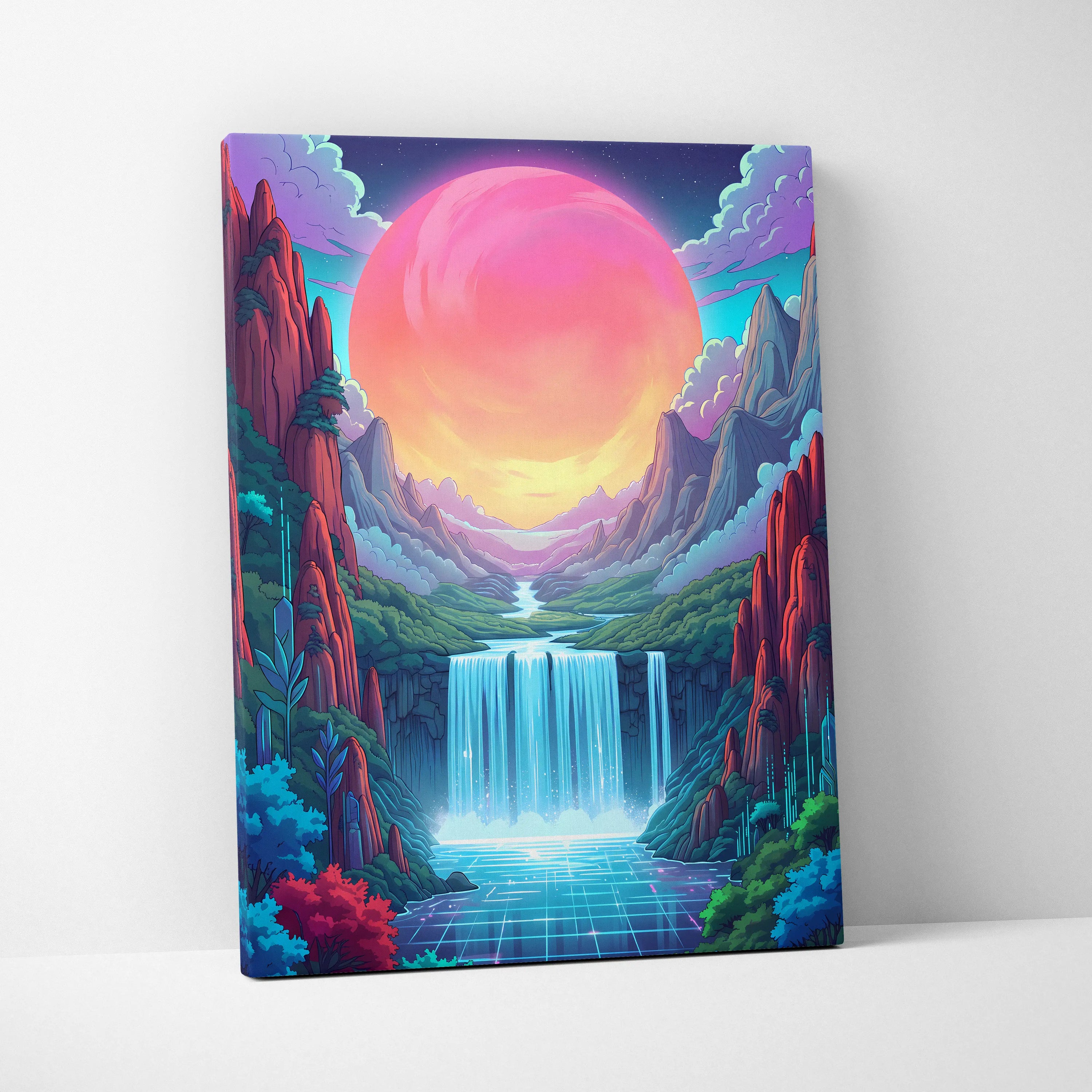 Vaporwave Neon Sunset Dreamscape - Vaporwave Canvas Art Neon Pink Purple Living Room Decor Retro Futurist Mood Canvas