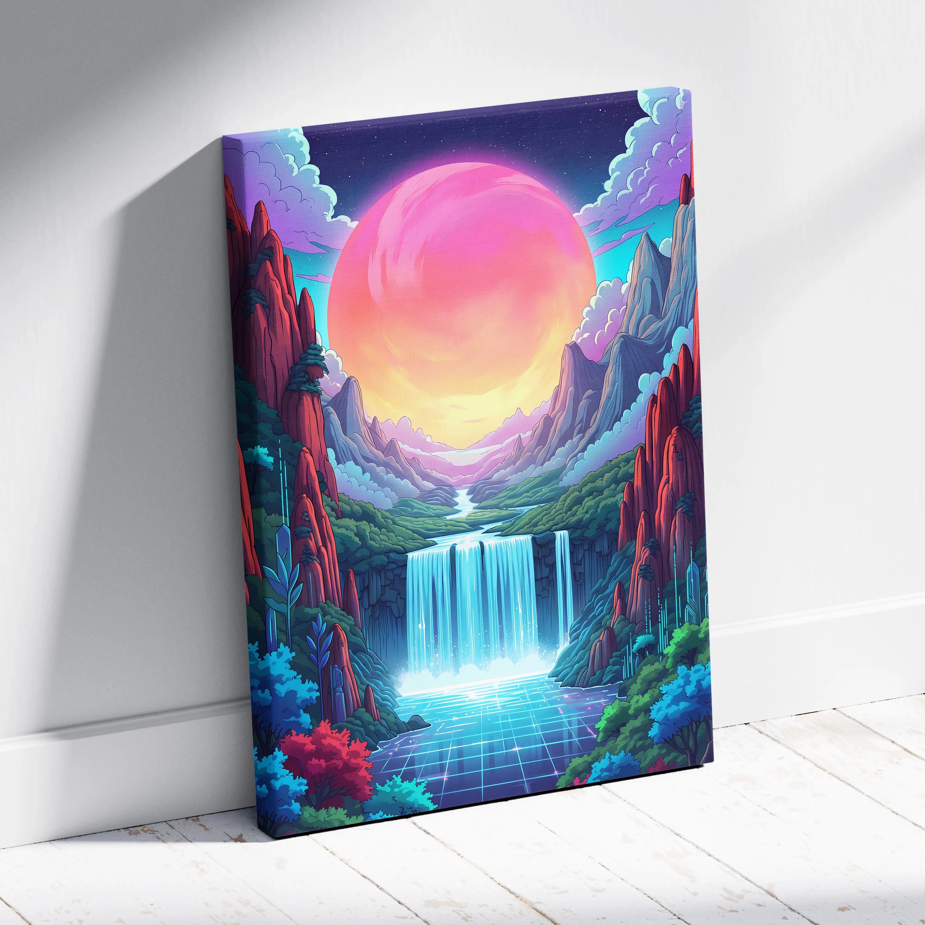 Vaporwave Neon Sunset Dreamscape - Vaporwave Canvas Art Neon Pink Purple Living Room Decor Retro Futurist Mood Canvas