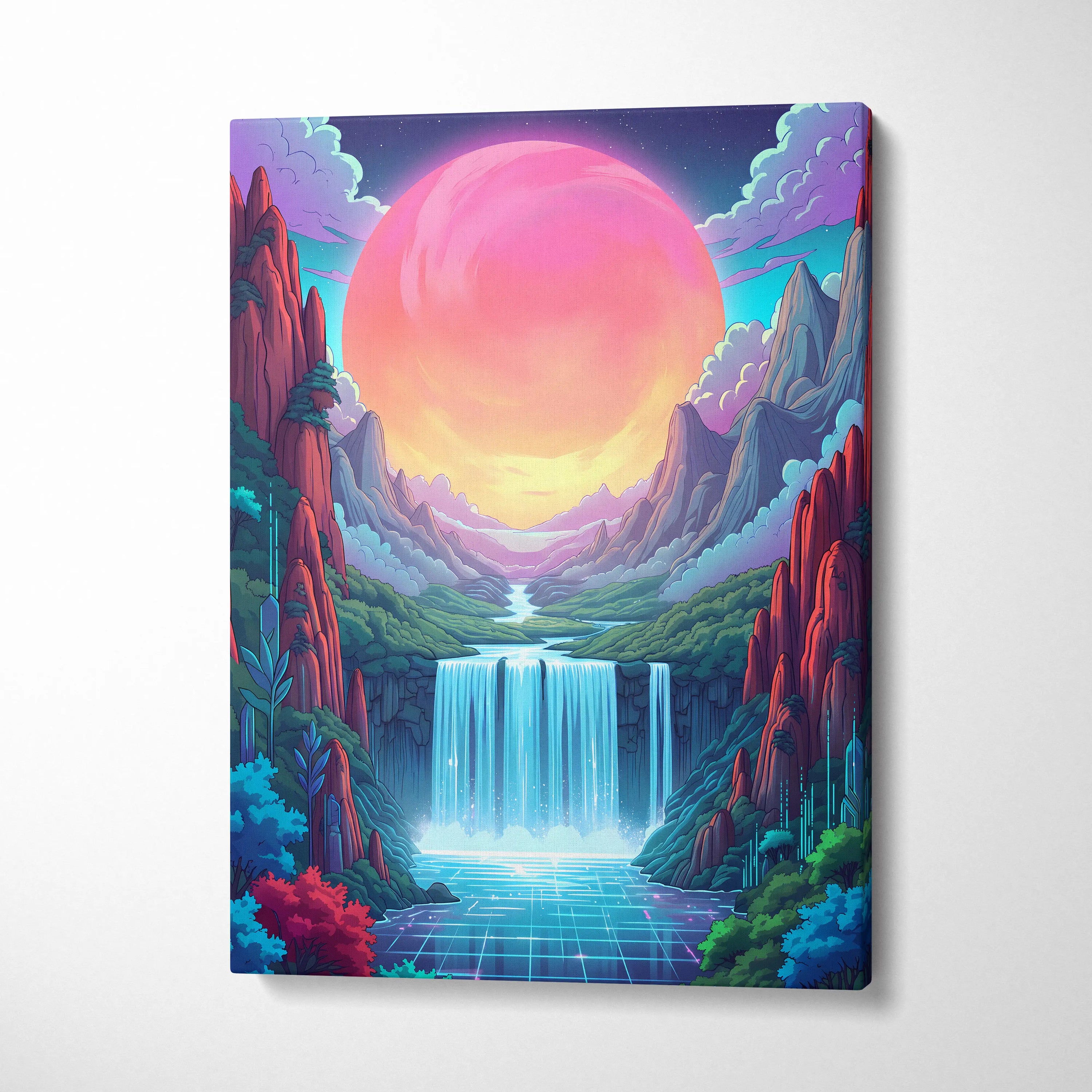 Vaporwave Neon Sunset Dreamscape - Vaporwave Canvas Art Neon Pink Purple Living Room Decor Retro Futurist Mood Canvas