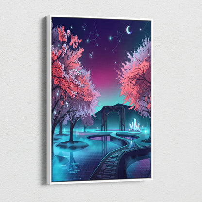 Neon Vaporwave Blossom Canvas - Cherry Blossom Neon Wall Art Vaporwave Dreamy Retro Futurism Mood Canvas