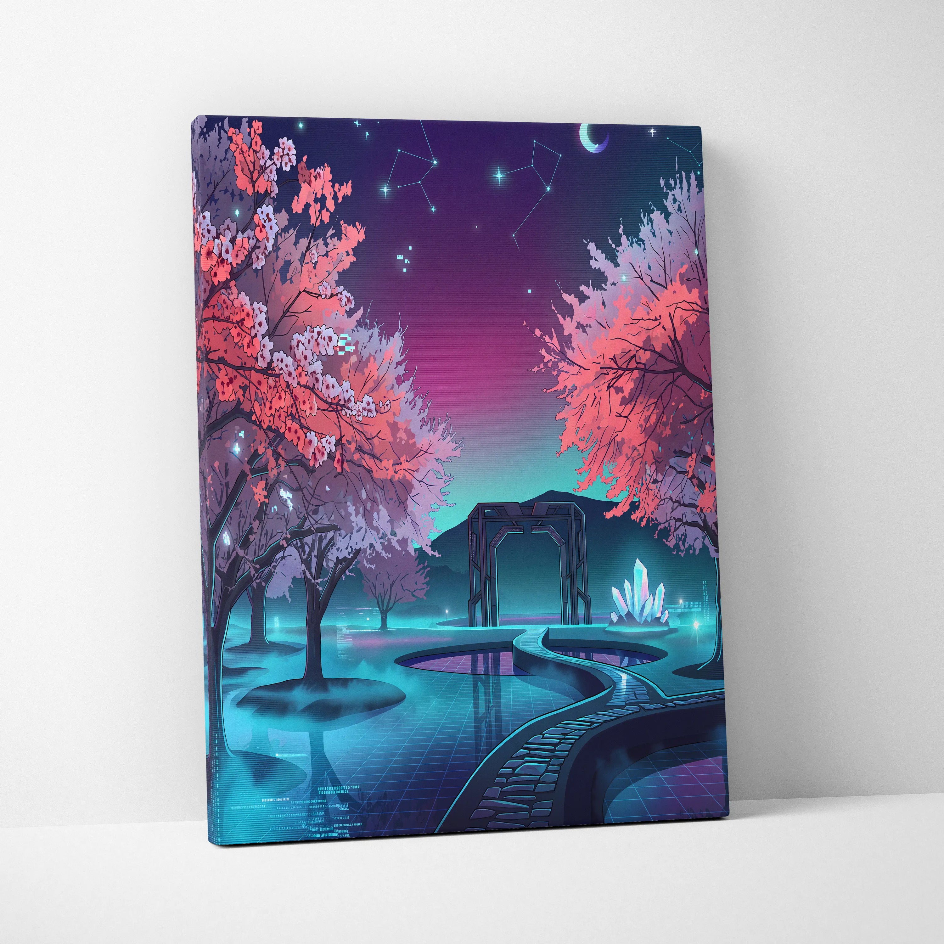 Neon Vaporwave Blossom Canvas - Cherry Blossom Neon Wall Art Vaporwave Dreamy Retro Futurism Mood Canvas