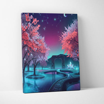 Neon Vaporwave Blossom Canvas - Cherry Blossom Neon Wall Art Vaporwave Dreamy Retro Futurism Mood Canvas