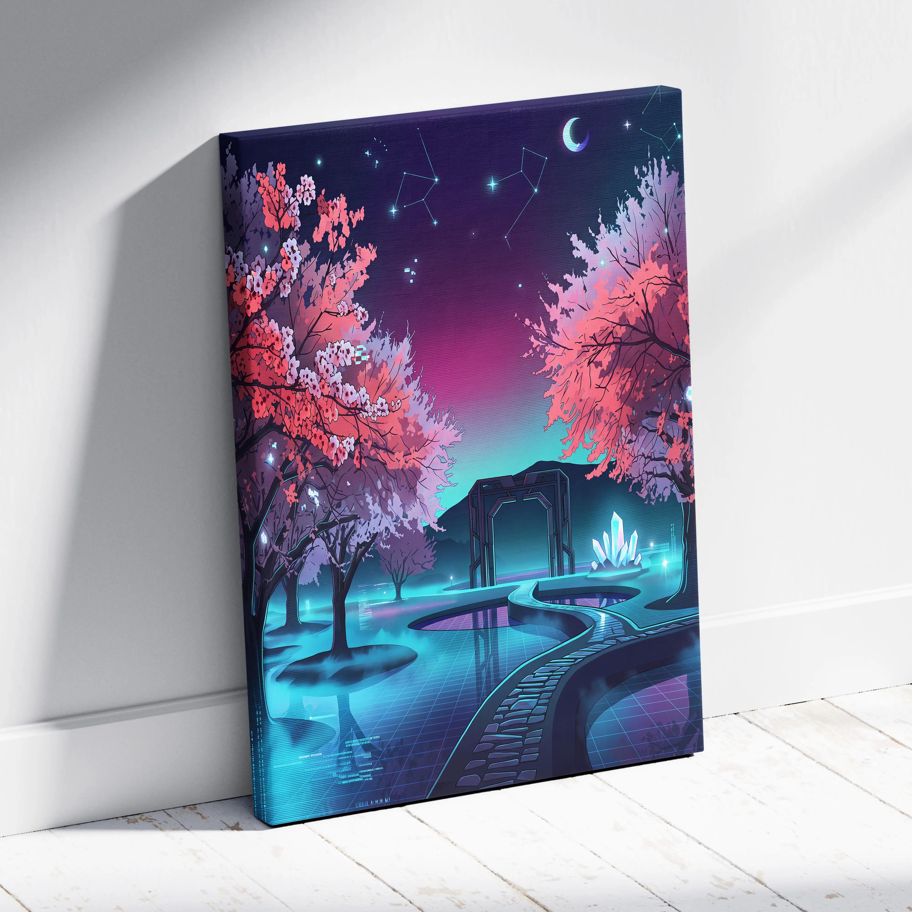 Neon Vaporwave Blossom Canvas - Cherry Blossom Neon Wall Art Vaporwave Dreamy Retro Futurism Mood Canvas
