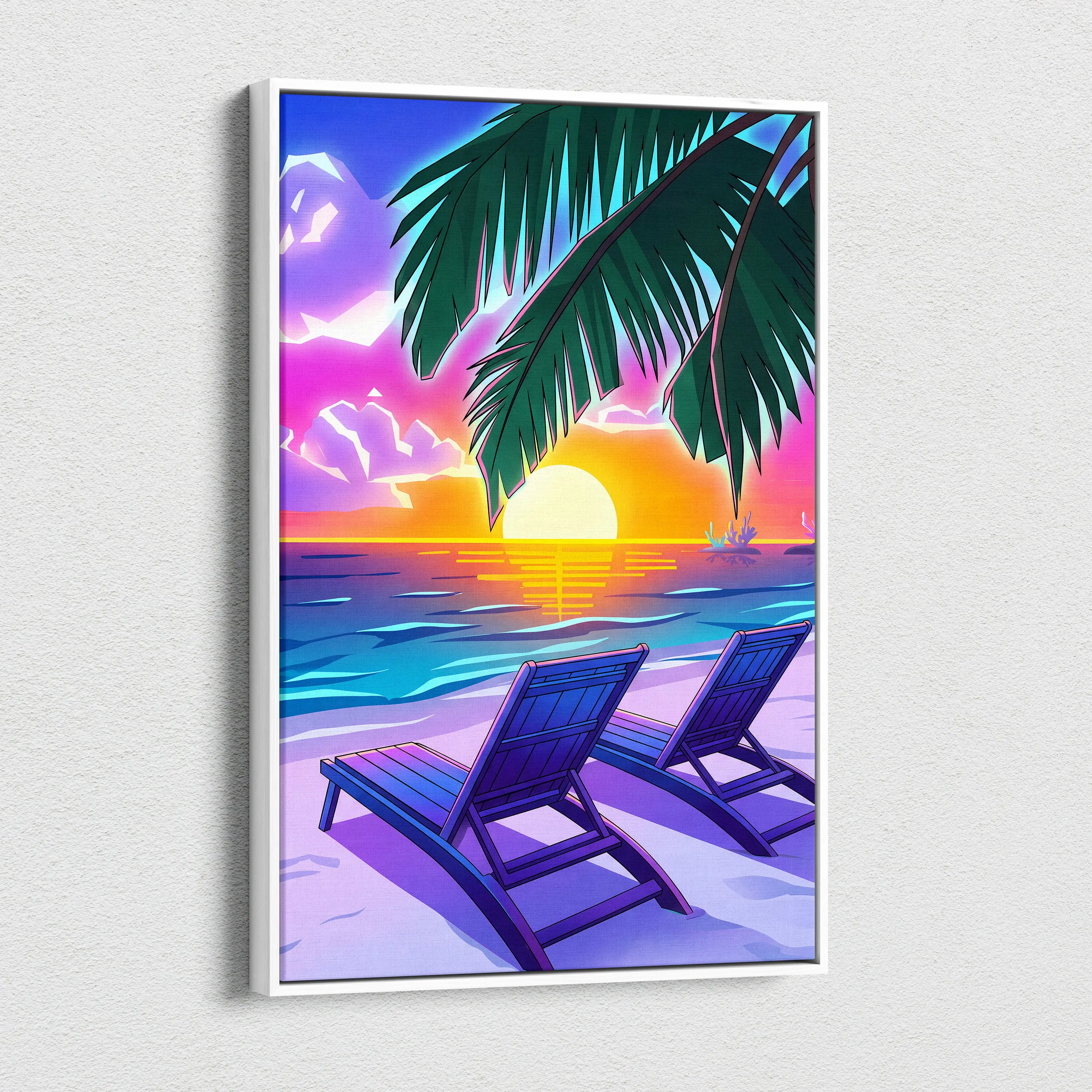 Neon Palm Vaporwave Canvas - Palm Leaves Neon Sunset Vaporwave Living Room Dreamy Mood, Retro Decor, Neon Wall Art