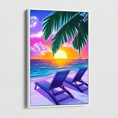 Neon Palm Vaporwave Canvas - Palm Leaves Neon Sunset Vaporwave Living Room Dreamy Mood, Retro Decor, Neon Wall Art