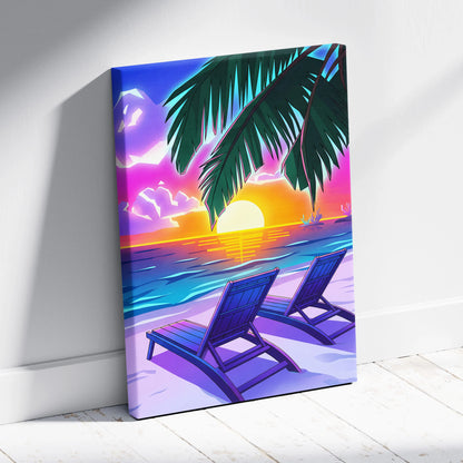 Neon Palm Vaporwave Canvas - Palm Leaves Neon Sunset Vaporwave Living Room Dreamy Mood, Retro Decor, Neon Wall Art