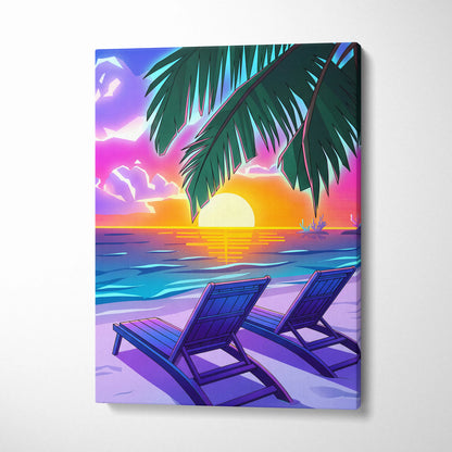 Neon Palm Vaporwave Canvas - Palm Leaves Neon Sunset Vaporwave Living Room Dreamy Mood, Retro Decor, Neon Wall Art