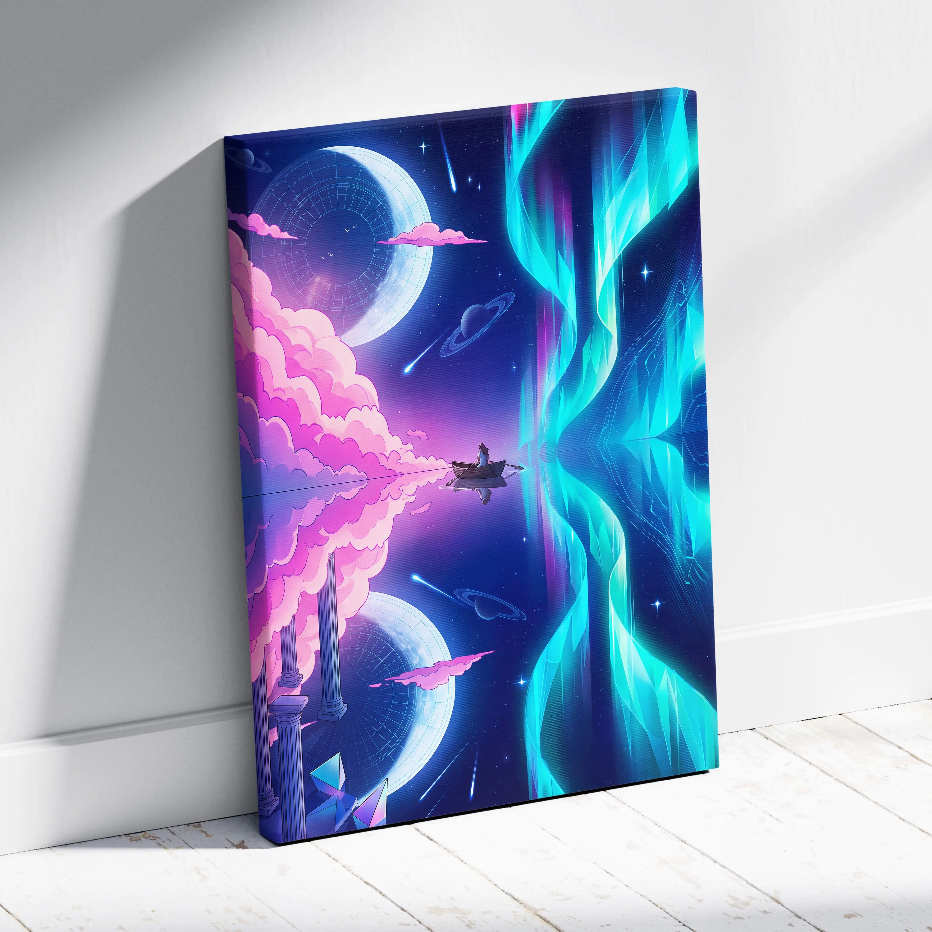 Neon Vaporwave Canvas Odyssey - Surreal Neon Pink Cyan Living Room Vaporwave Dreamy Mood Retro Futurism Canvas Print