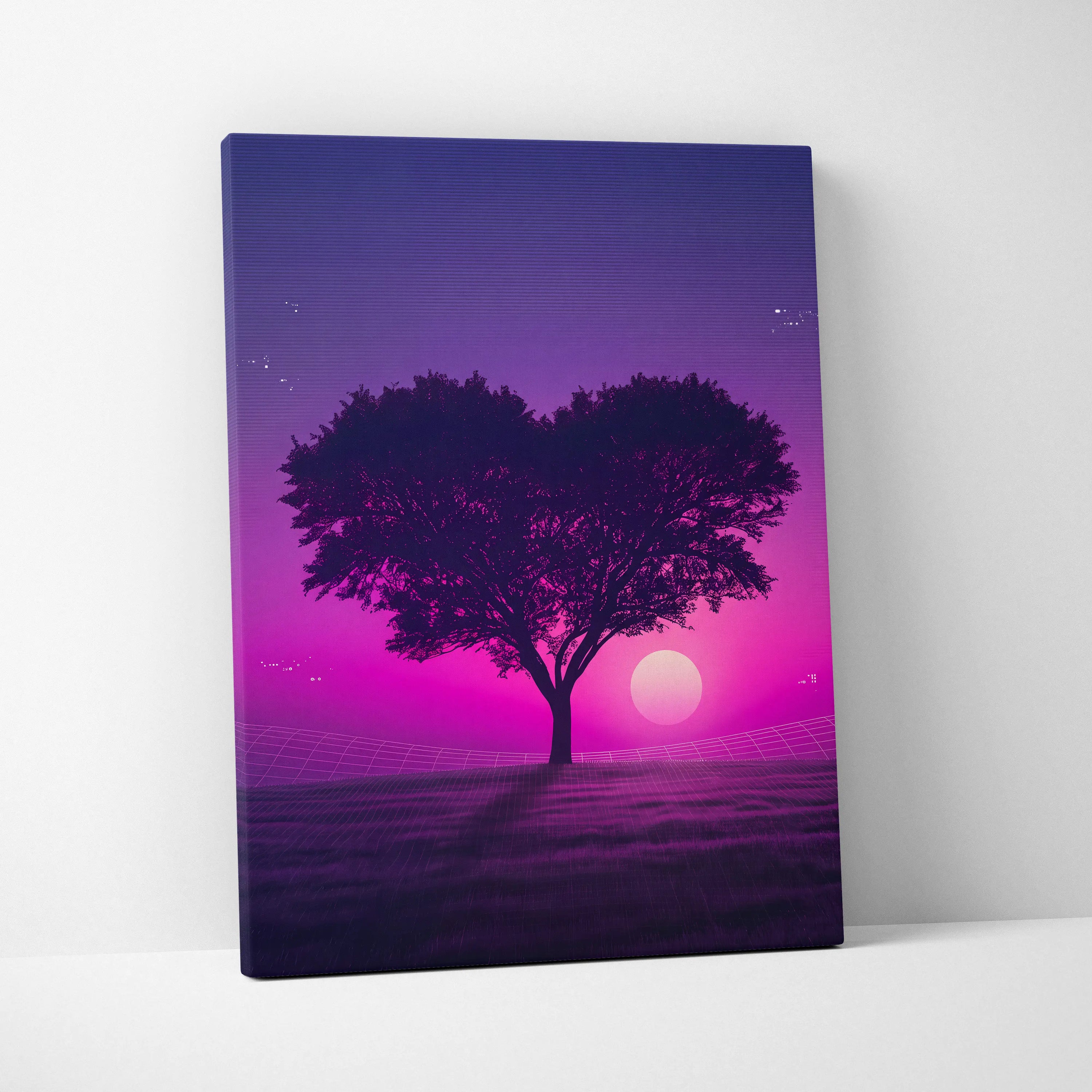Neon Sunset Vaporwave Canvas - Tree Silhouette Purple Pink Living Vaporwave Dreamy Nostalgic Retro-Futurism Canvas