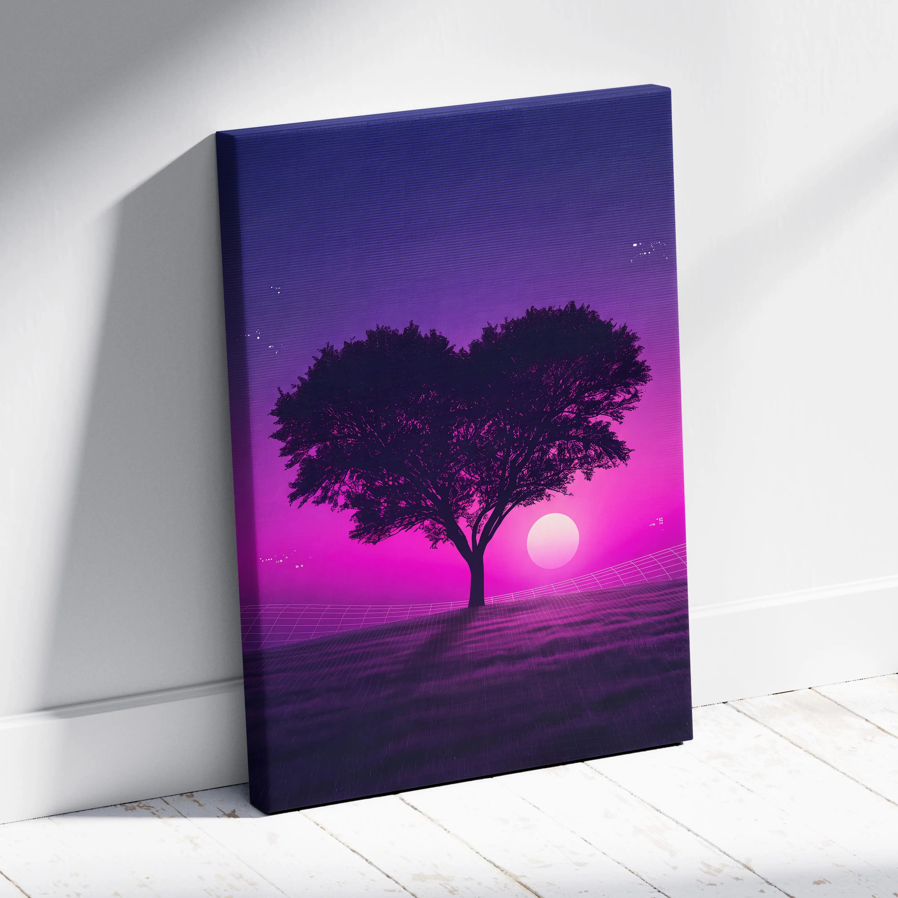 Neon Sunset Vaporwave Canvas - Tree Silhouette Purple Pink Living Vaporwave Dreamy Nostalgic Retro-Futurism Canvas