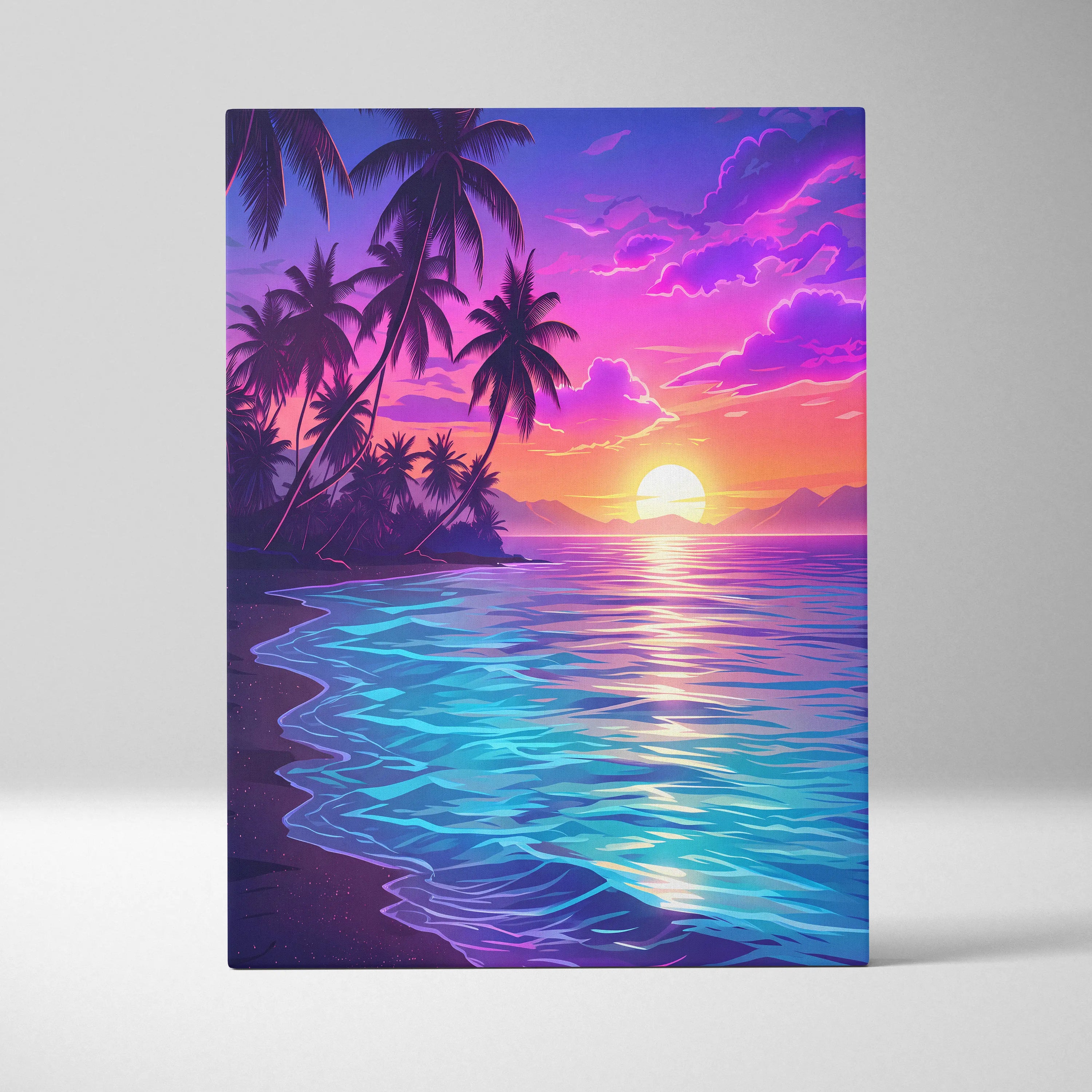 Neon Palm Sunset Vaporwave Canvas - Palm Sunset Neon Pink Blue Living Room Vaporwave Dreamy Nostalgic Retro Canvas