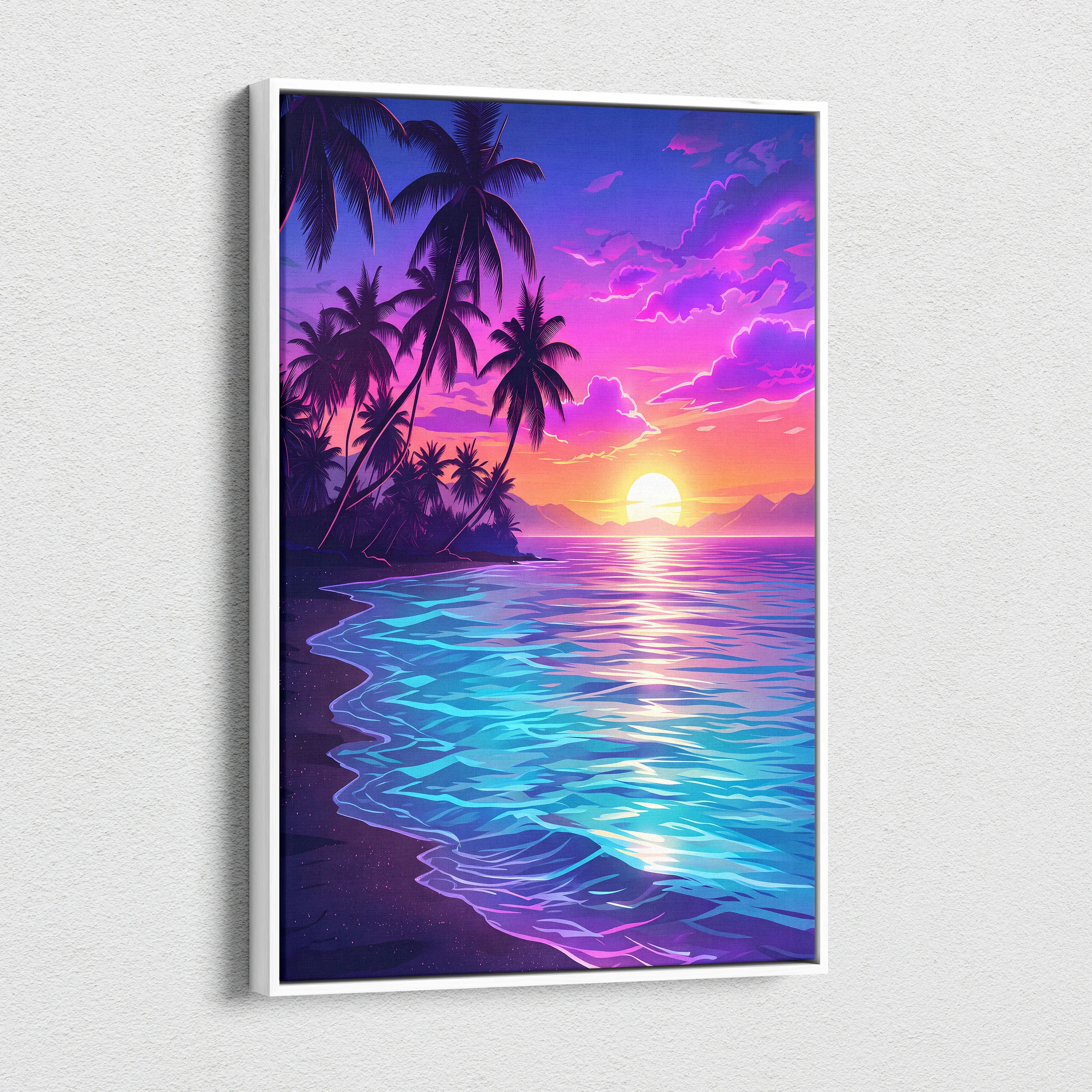 Neon Palm Sunset Vaporwave Canvas - Palm Sunset Neon Pink Blue Living Room Vaporwave Dreamy Nostalgic Retro Canvas