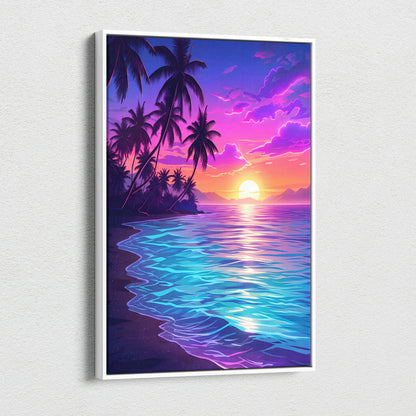 Neon Palm Sunset Vaporwave Canvas - Palm Sunset Neon Pink Blue Living Room Vaporwave Dreamy Nostalgic Retro Canvas