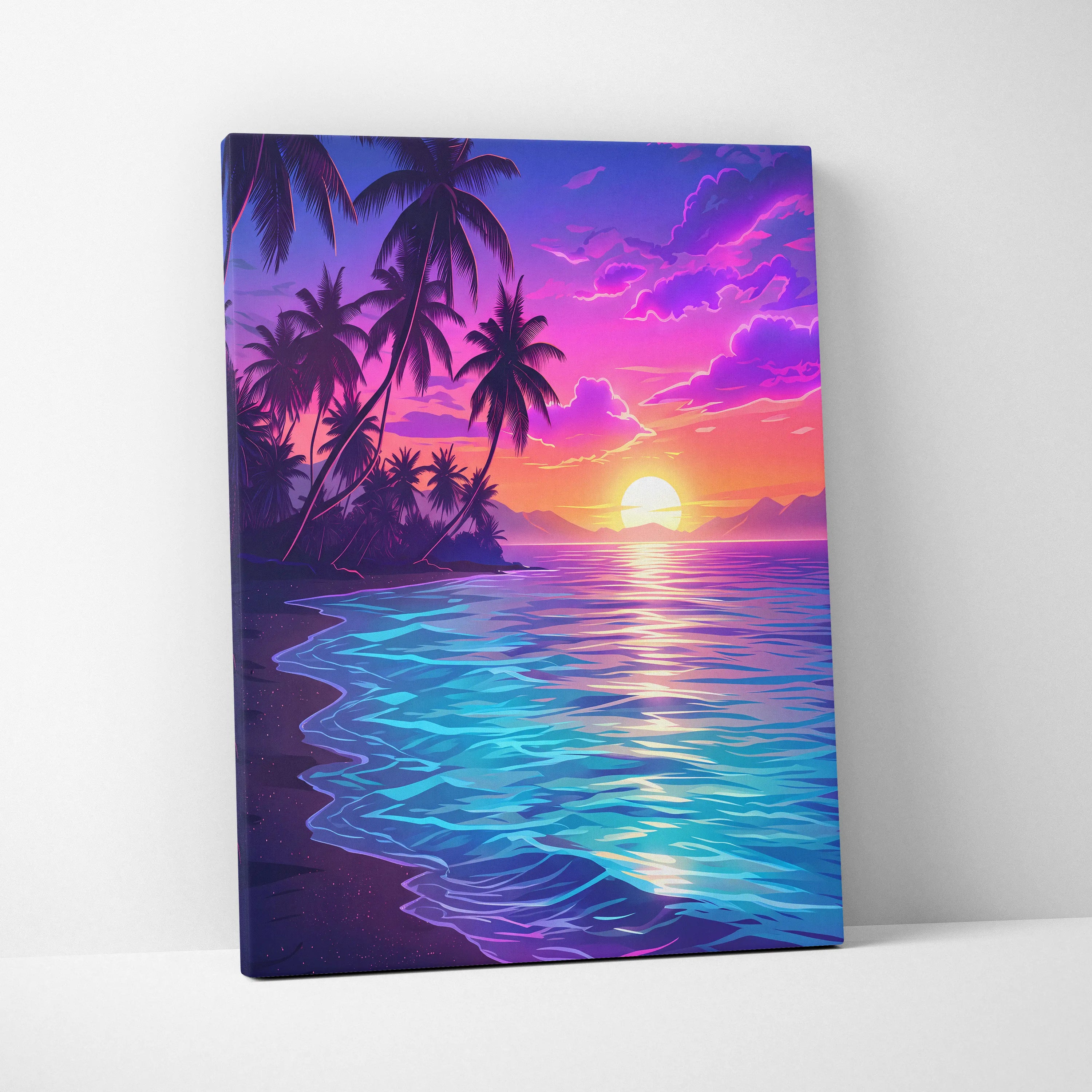 Neon Palm Sunset Vaporwave Canvas - Palm Sunset Neon Pink Blue Living Room Vaporwave Dreamy Nostalgic Retro Canvas