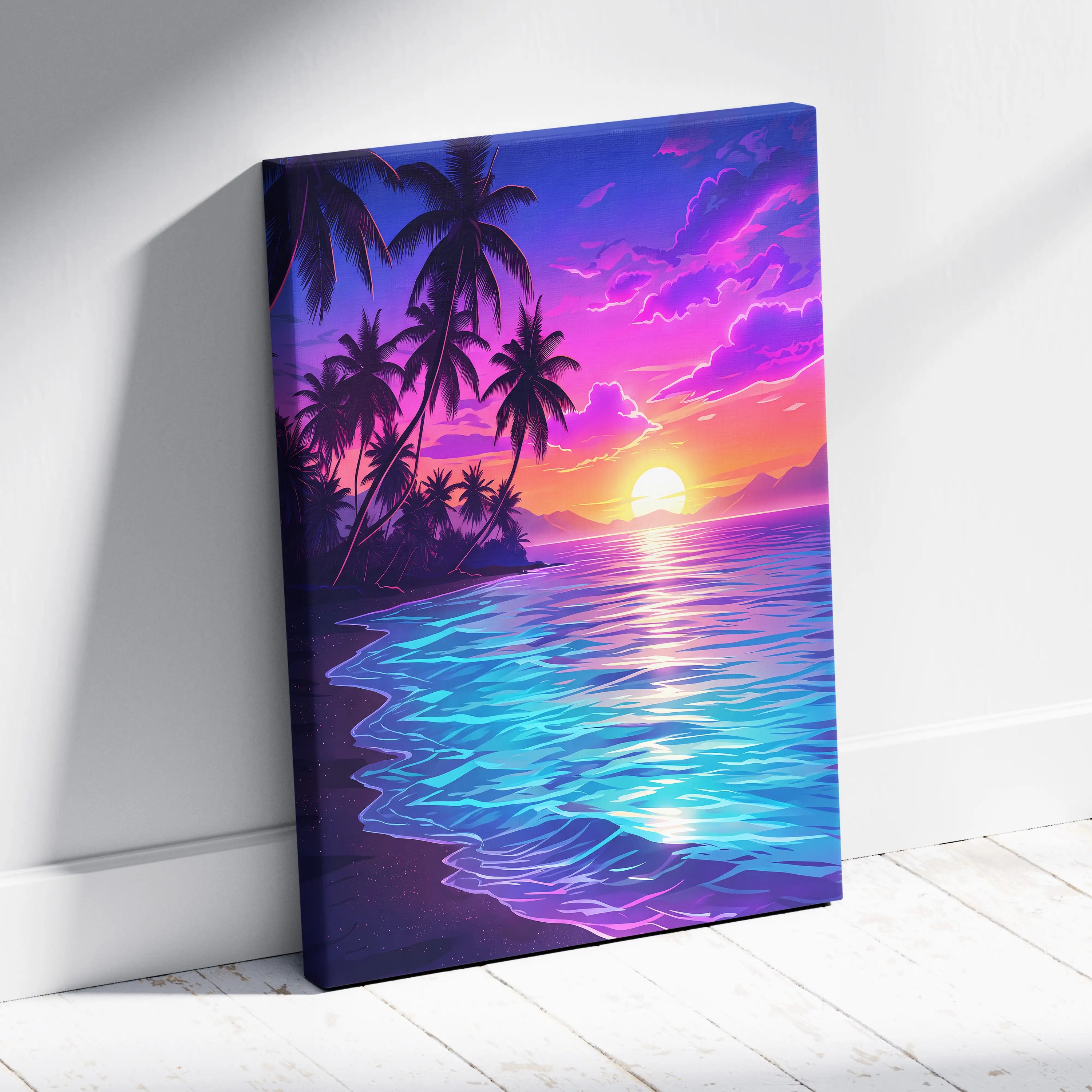 Neon Palm Sunset Vaporwave Canvas - Palm Sunset Neon Pink Blue Living Room Vaporwave Dreamy Nostalgic Retro Canvas
