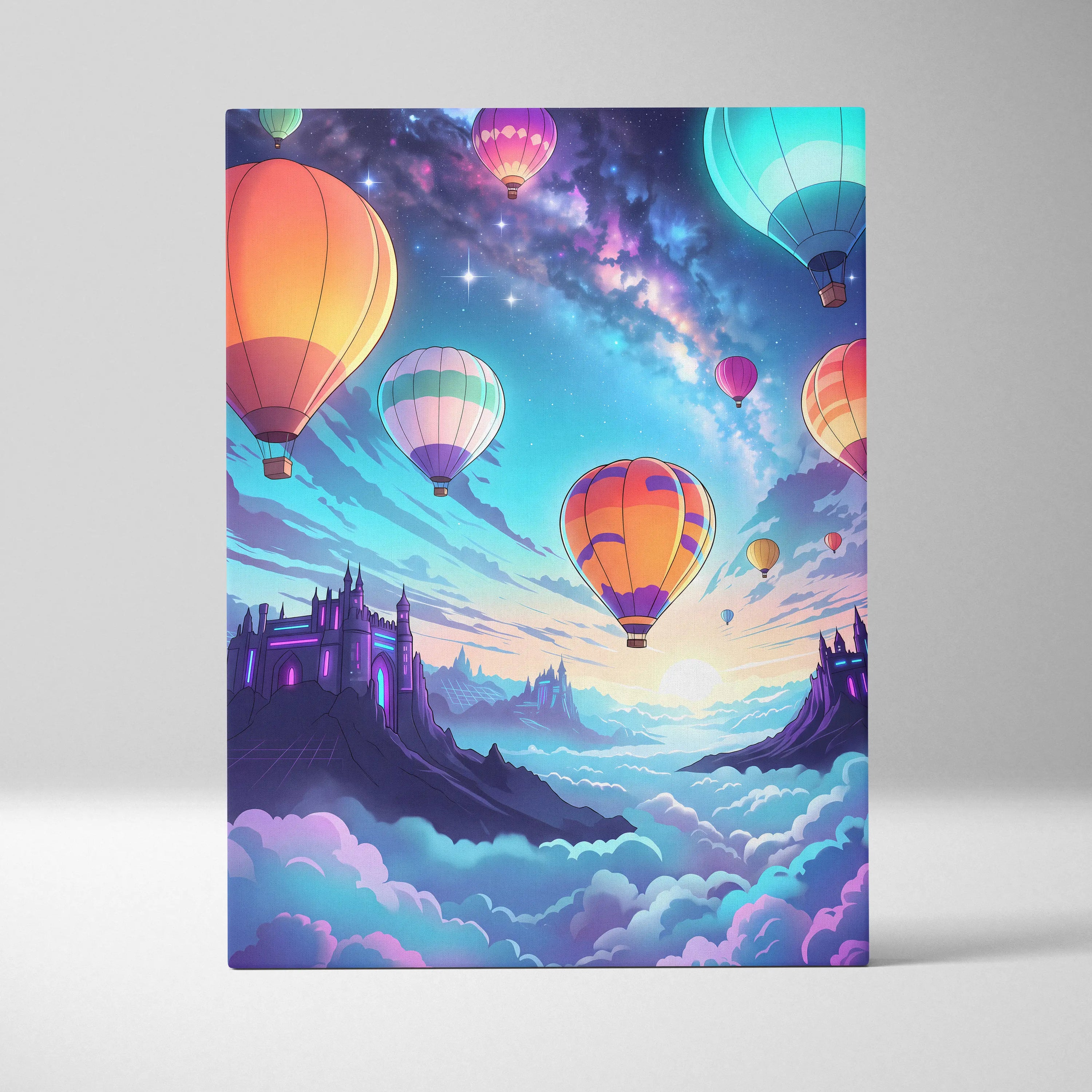 Vaporwave Neon Balloons Canvas - Hot Air Balloons Pink Turquoise Living Room Vaporwave Dreamy Retro Neon City Canvas