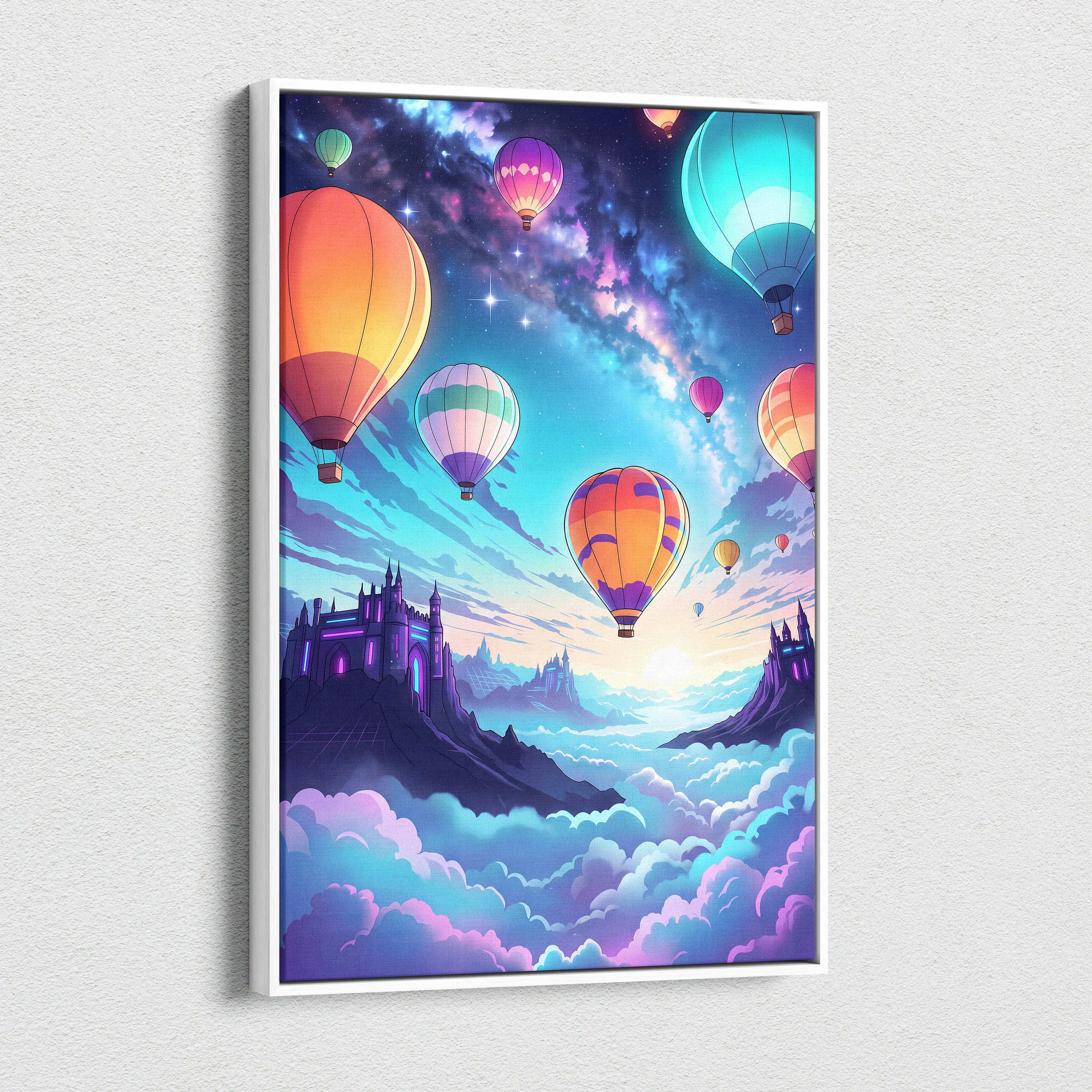 Vaporwave Neon Balloons Canvas - Hot Air Balloons Pink Turquoise Living Room Vaporwave Dreamy Retro Neon City Canvas