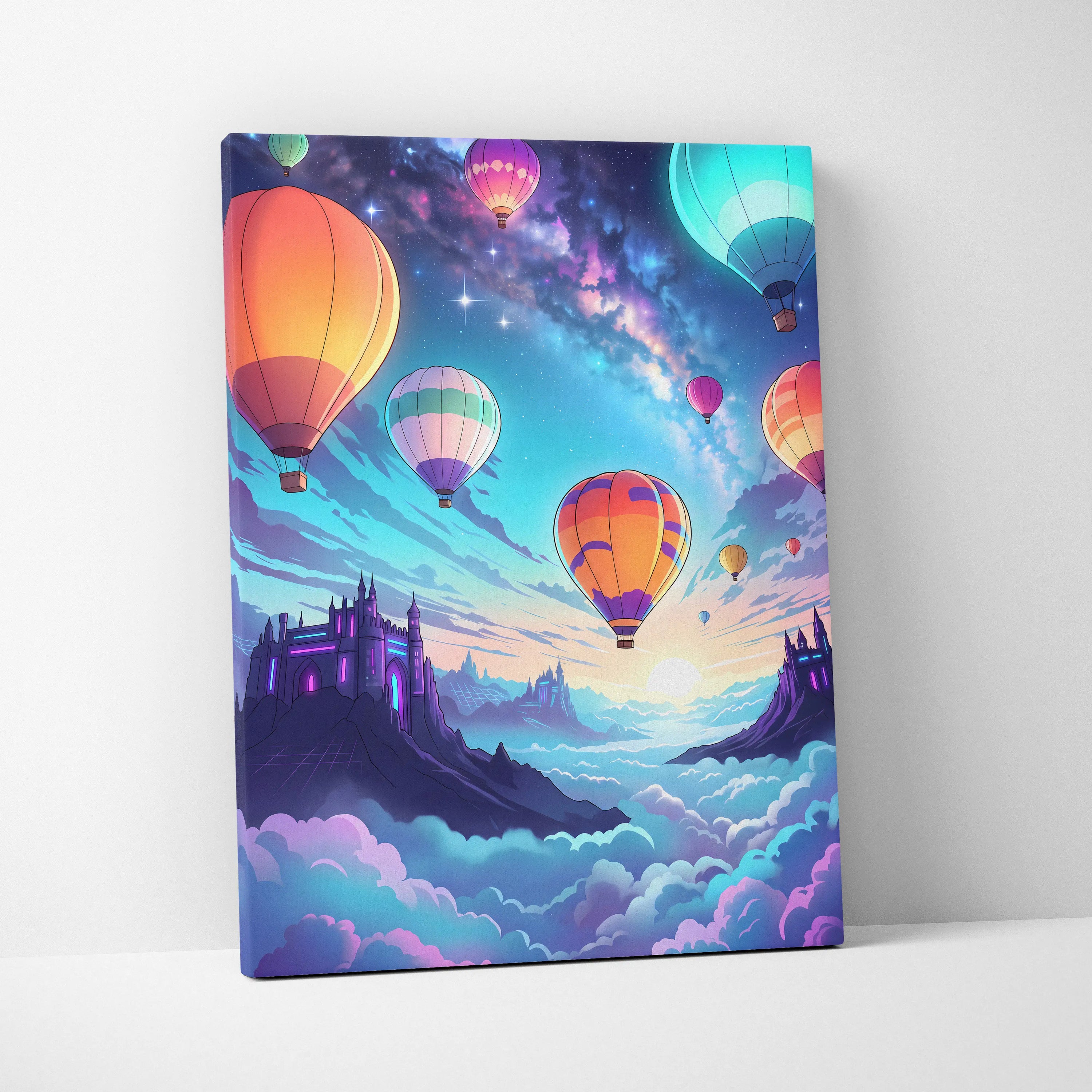 Vaporwave Neon Balloons Canvas - Hot Air Balloons Pink Turquoise Living Room Vaporwave Dreamy Retro Neon City Canvas